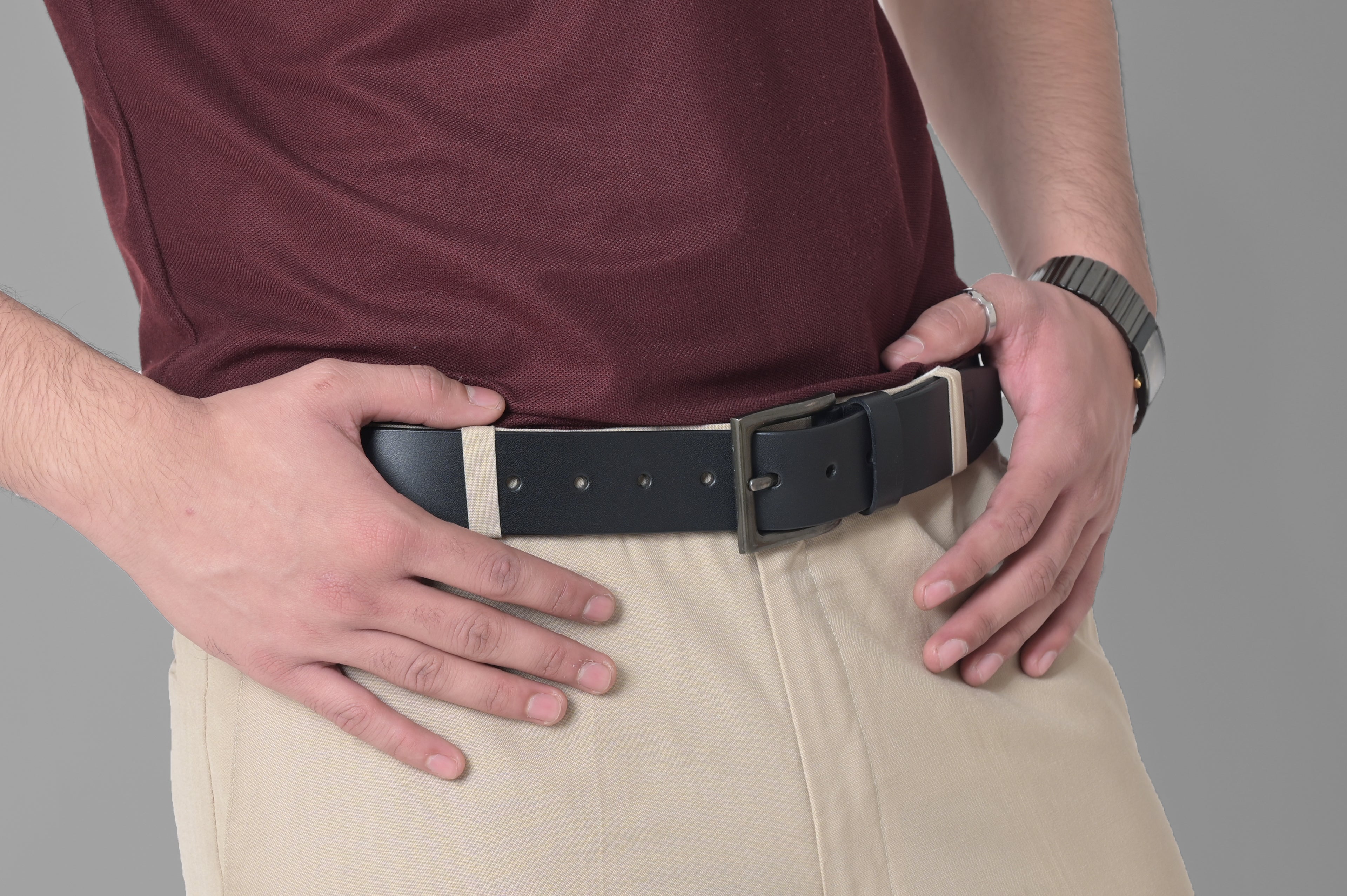 Black Polo Leather Belt with Red and White Stitching & Antique Buckle