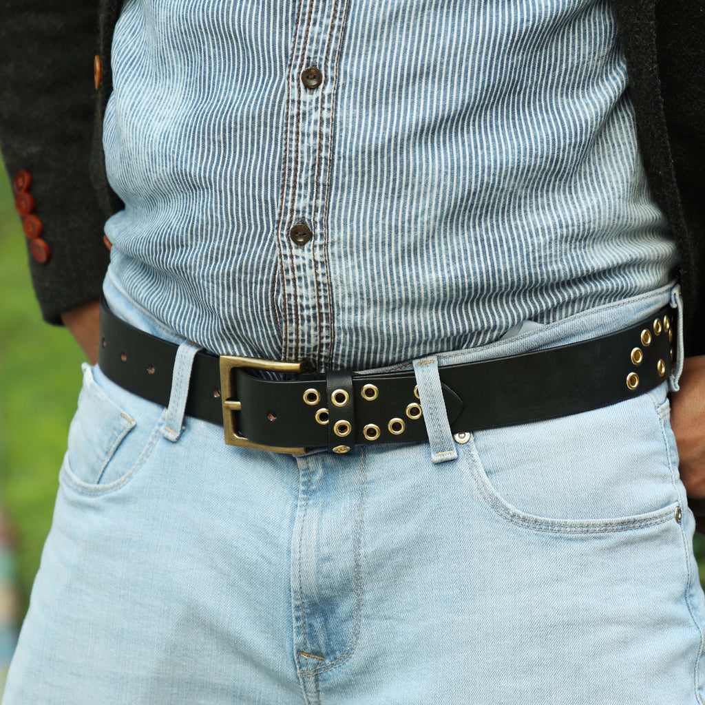 Black Leather Grommet Belt for Men – Double Eyelet Punk Rock Belt with Brass Buckle