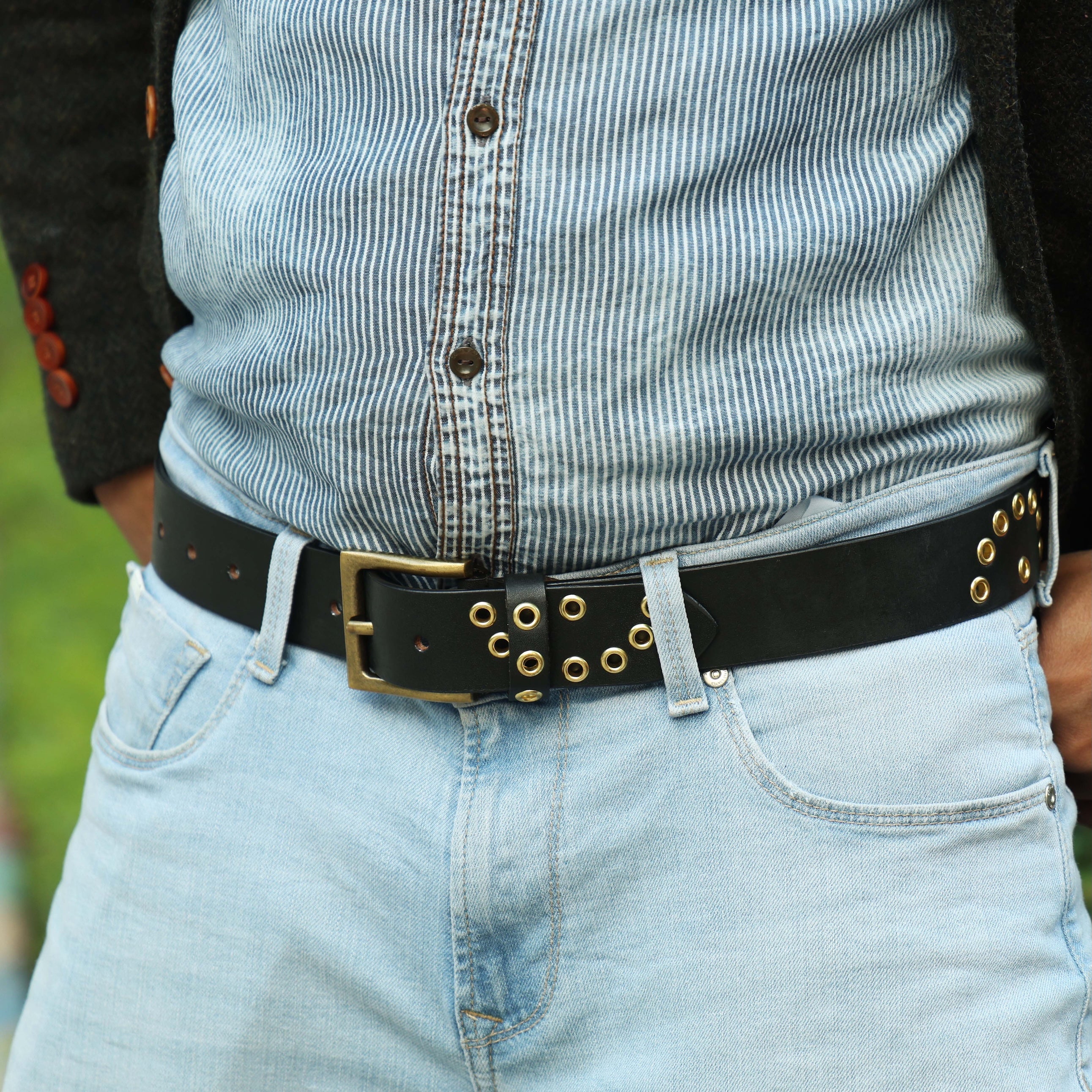 Black Leather Grommet Belt for Men – Double Eyelet Punk Rock Belt with Brass Buckle