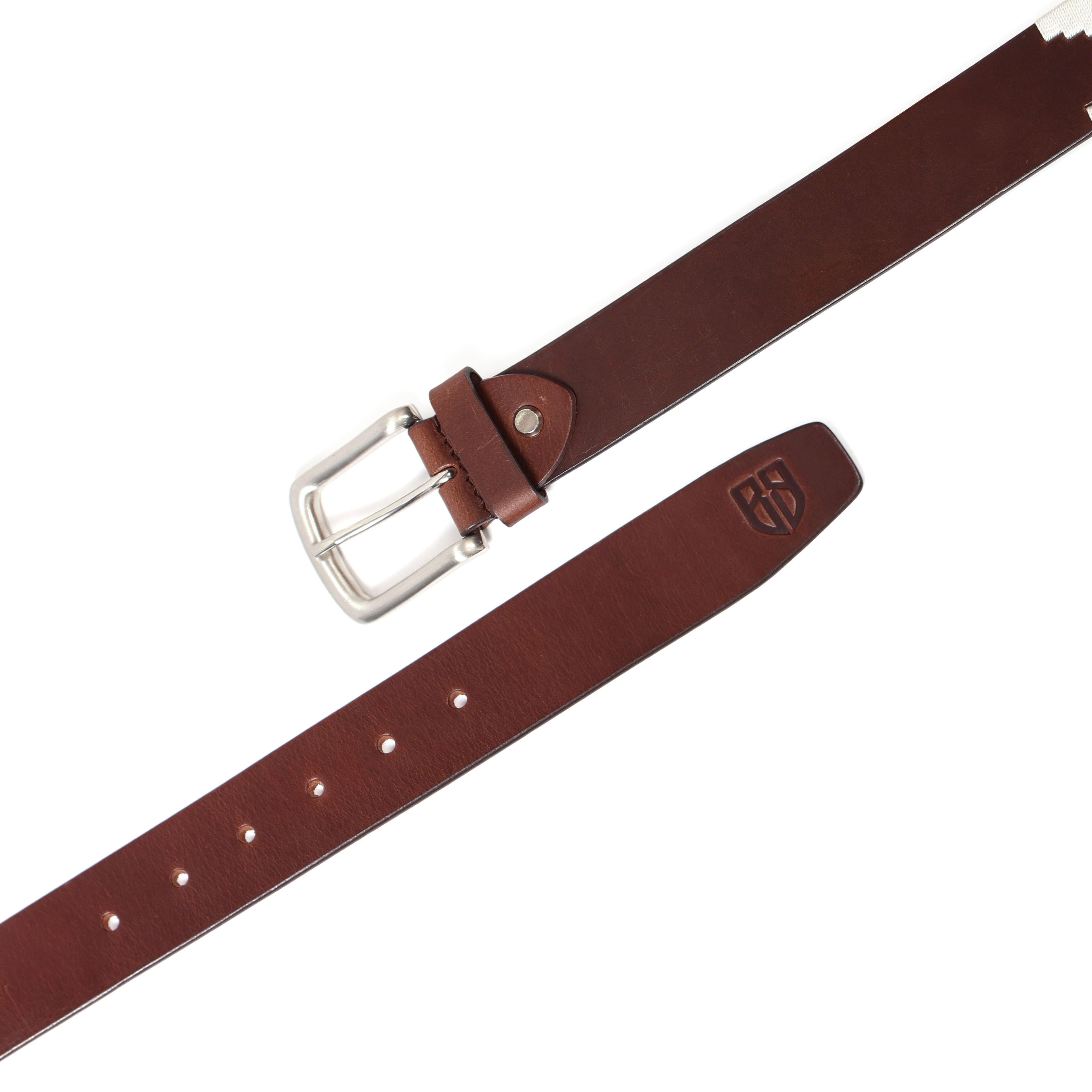 Brown Polo Leather Belt with Red and White Stitching & Silver Buckle
