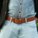 Men’s Tan Leather Belt with Antique Brass Buckle & Black Metal Studs – Stylish Vintage Rock Belt
