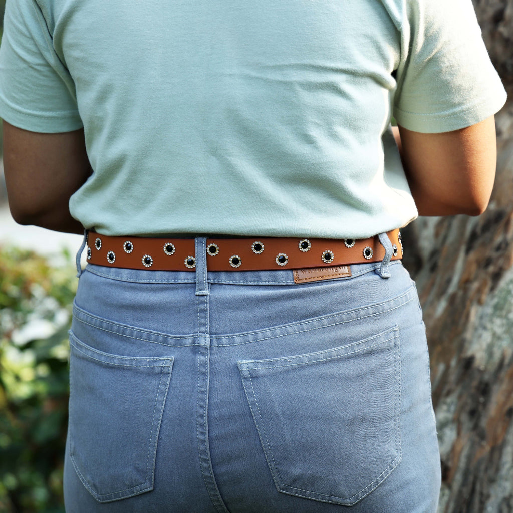 Tan Studded Leather Belt for Women – Vintage Western-Style Grommet Belt with Silver Buckle