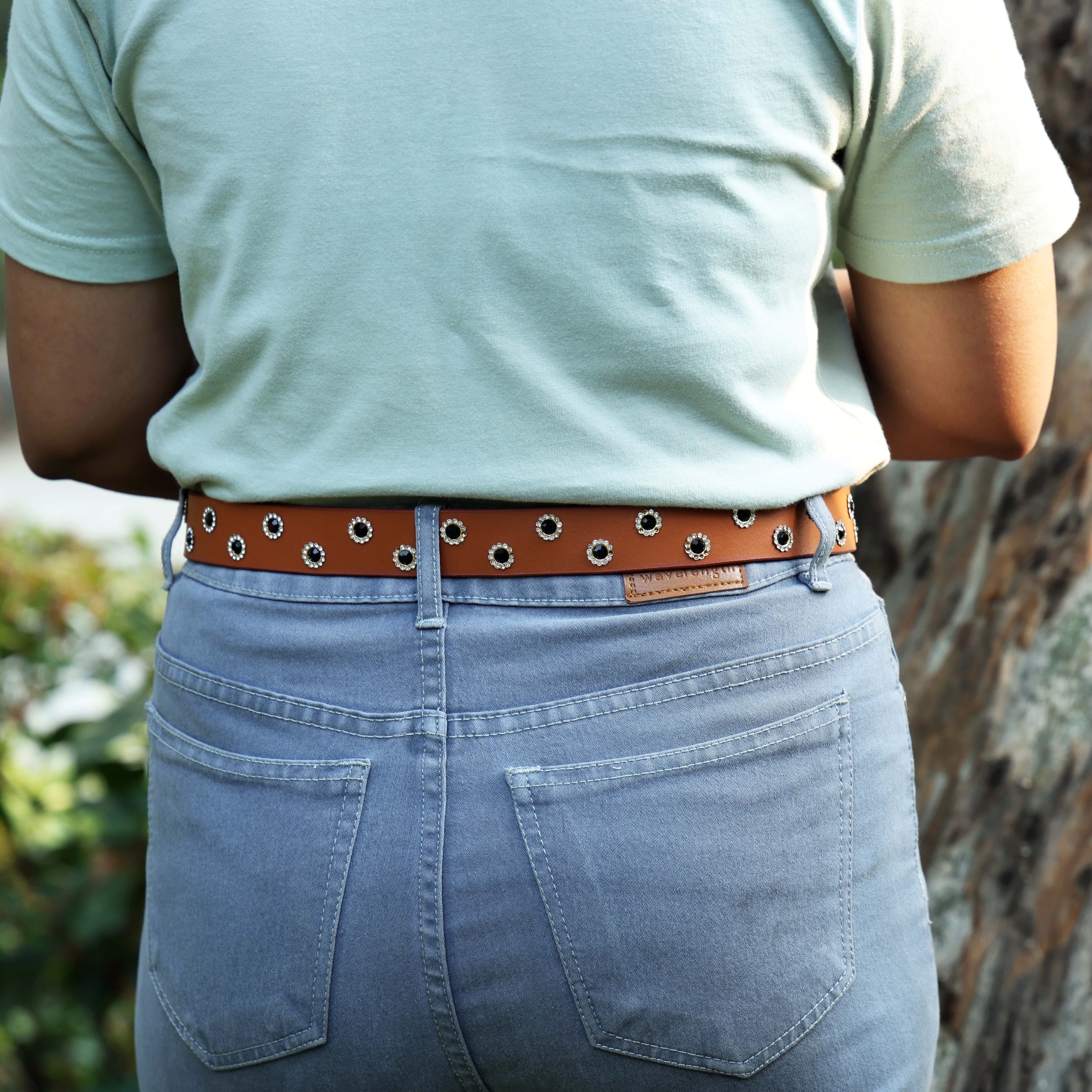 Tan Studded Leather Belt for Women – Vintage Western-Style Grommet Belt with Silver Buckle