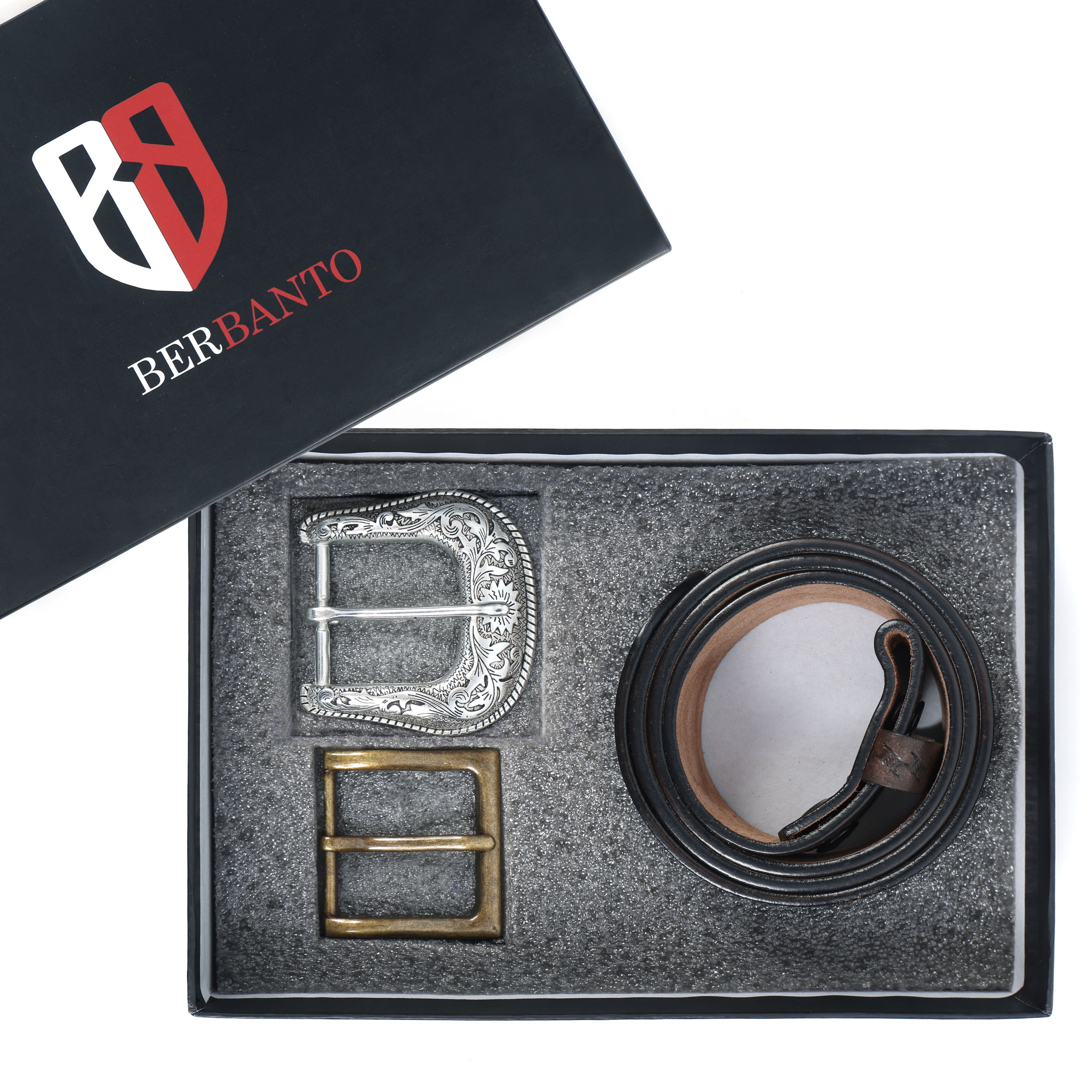Berbanto Two Tone Brown Leather Western Belt with Western Engraved Silver Buckle + Free Antique Plain Buckle