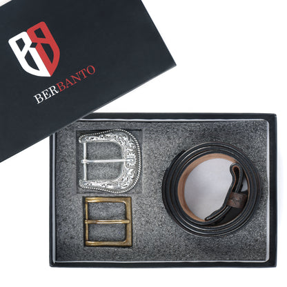Berbanto Two Tone Brown Leather Western Belt with Western Engraved Silver Buckle + Free Antique Plain Buckle