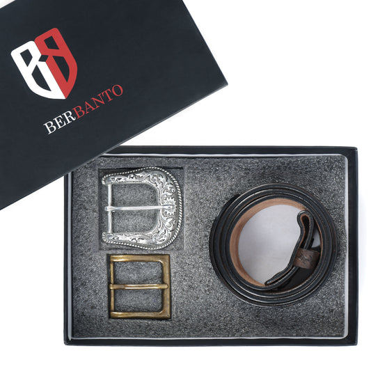 Berbanto Dark Brown Leather Western Belt with Western Engraved Silver Buckle + Free Antique Plain Buckle