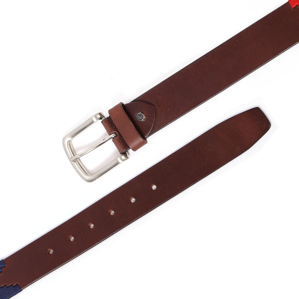 Brown Polo Leather Belt with Red and Blue Stitching and Classic Silver Buckle