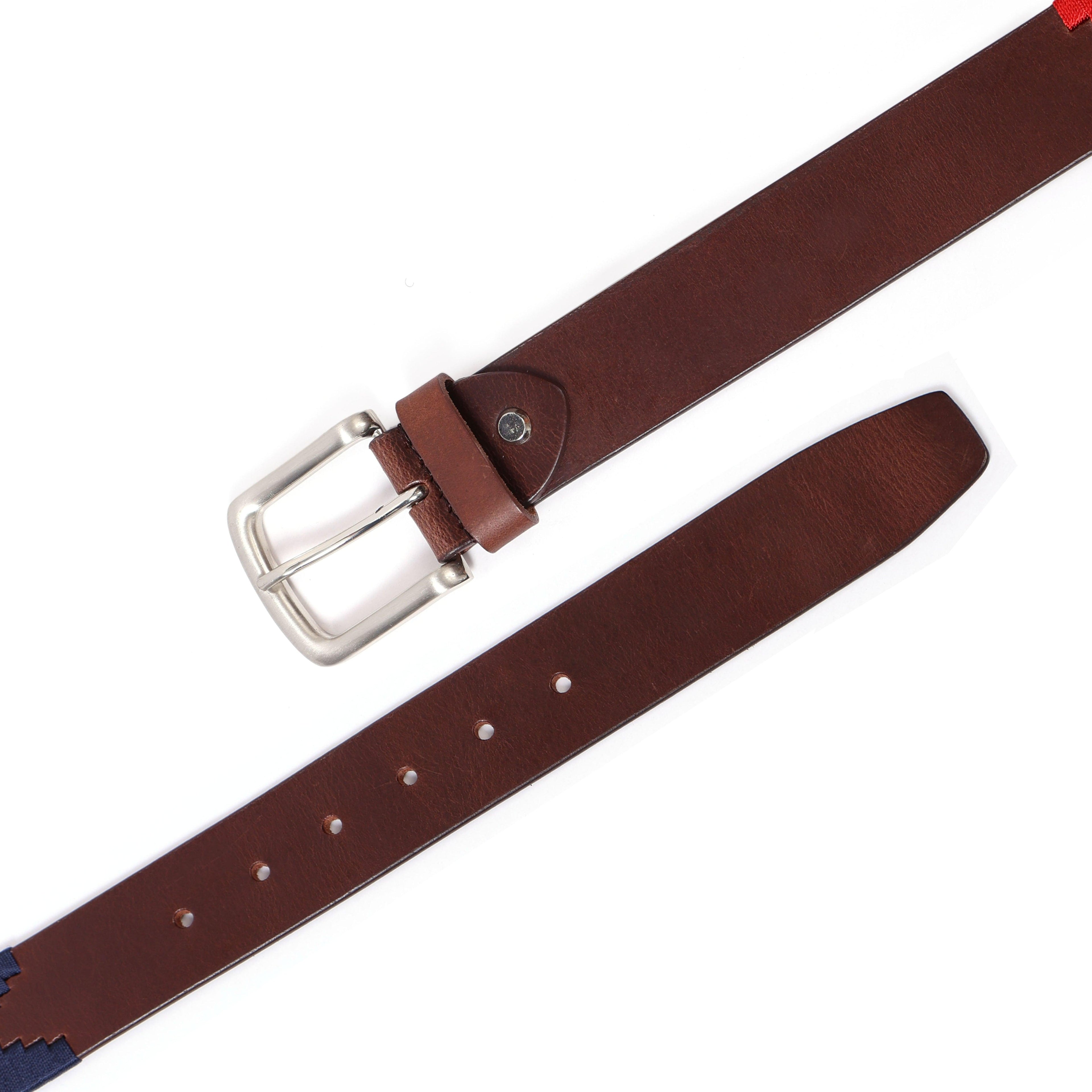 Brown Polo Leather Belt with Red and Blue Stitching and Classic Silver Buckle