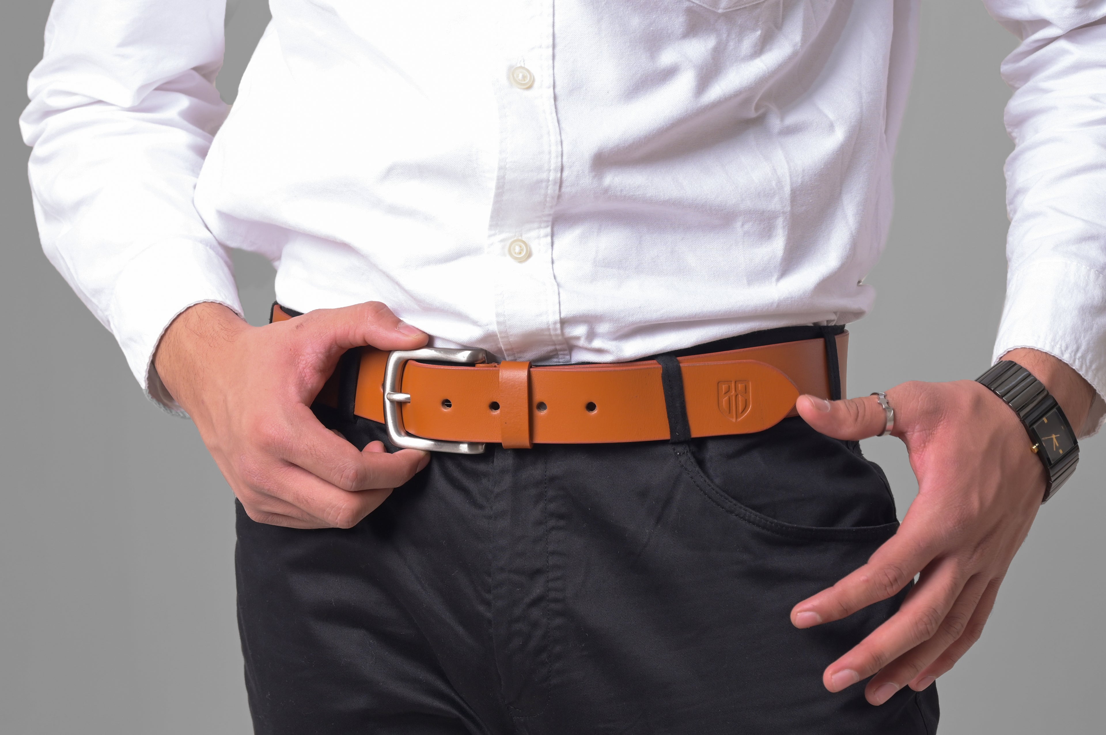 Tan Leather Belt with Silver Buckle