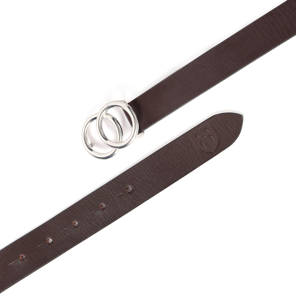 Brown Leather Belt for Women with Silver Round Buckle