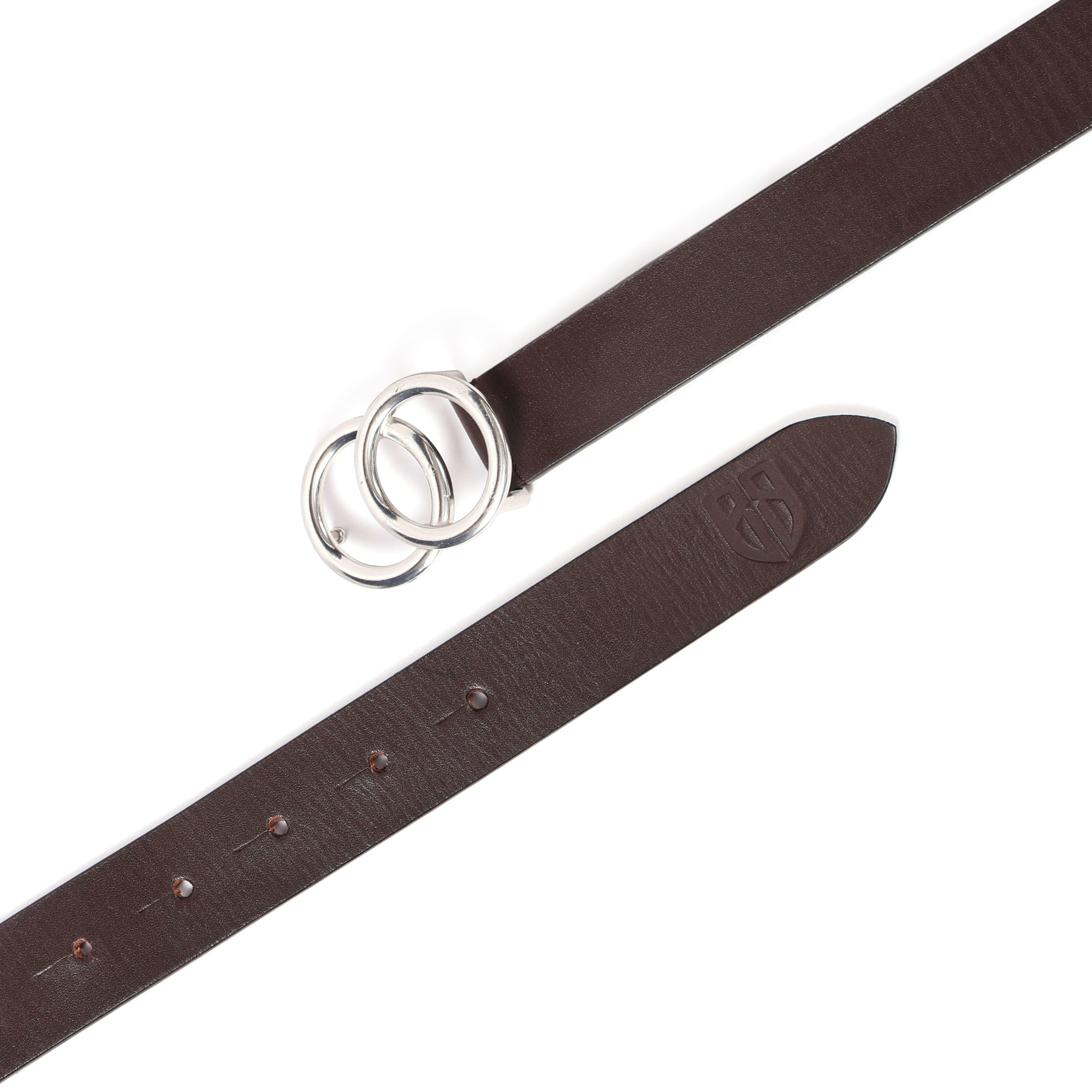 Brown Leather Belt for Women with Silver Round Buckle