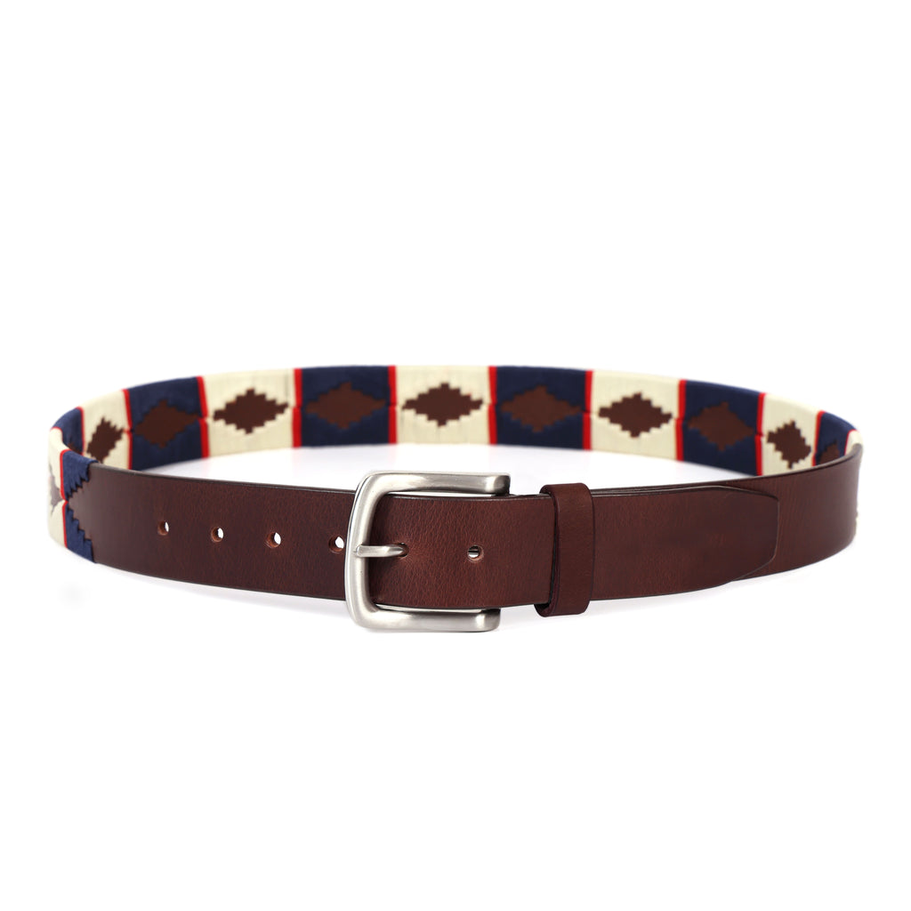 Brown Polo Leather Belt with Blue, Red, and Cream Stitching & Silver Buckle