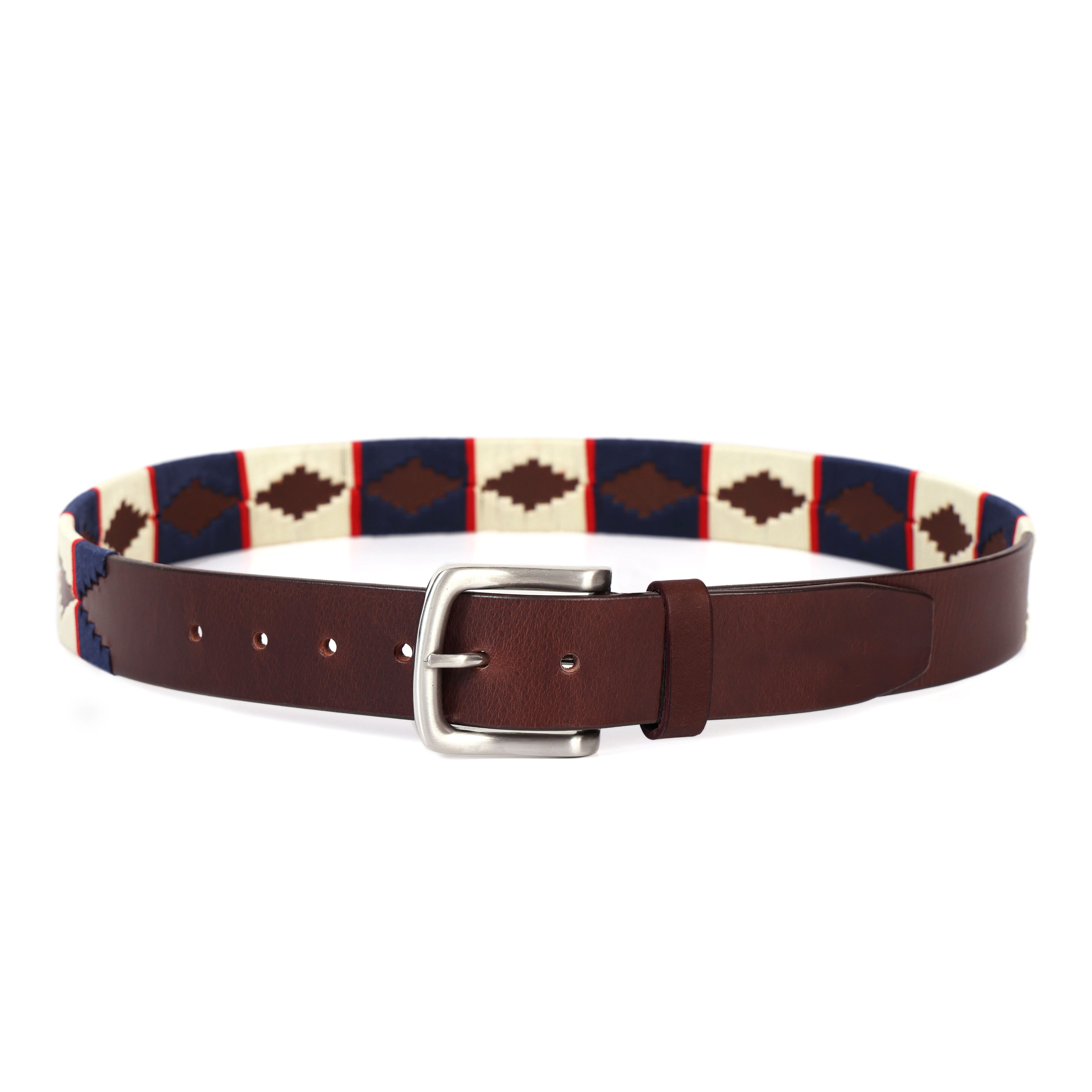 Brown Polo Leather Belt with Blue, Red, and Cream Stitching & Silver Buckle