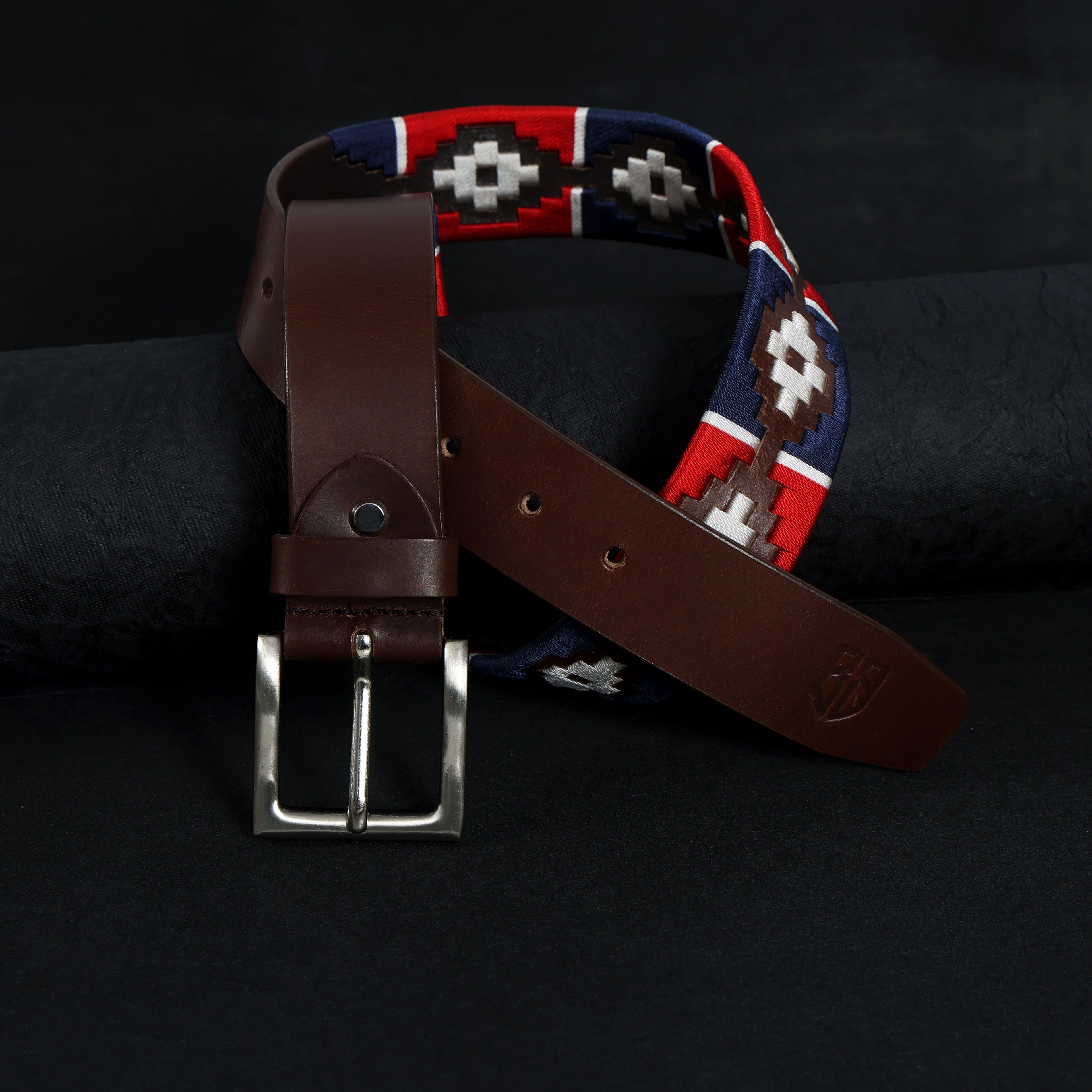 Hand-Embroidered Polo Belt – Premium Full-Grain Leather with Navy, Red, and White embroidered