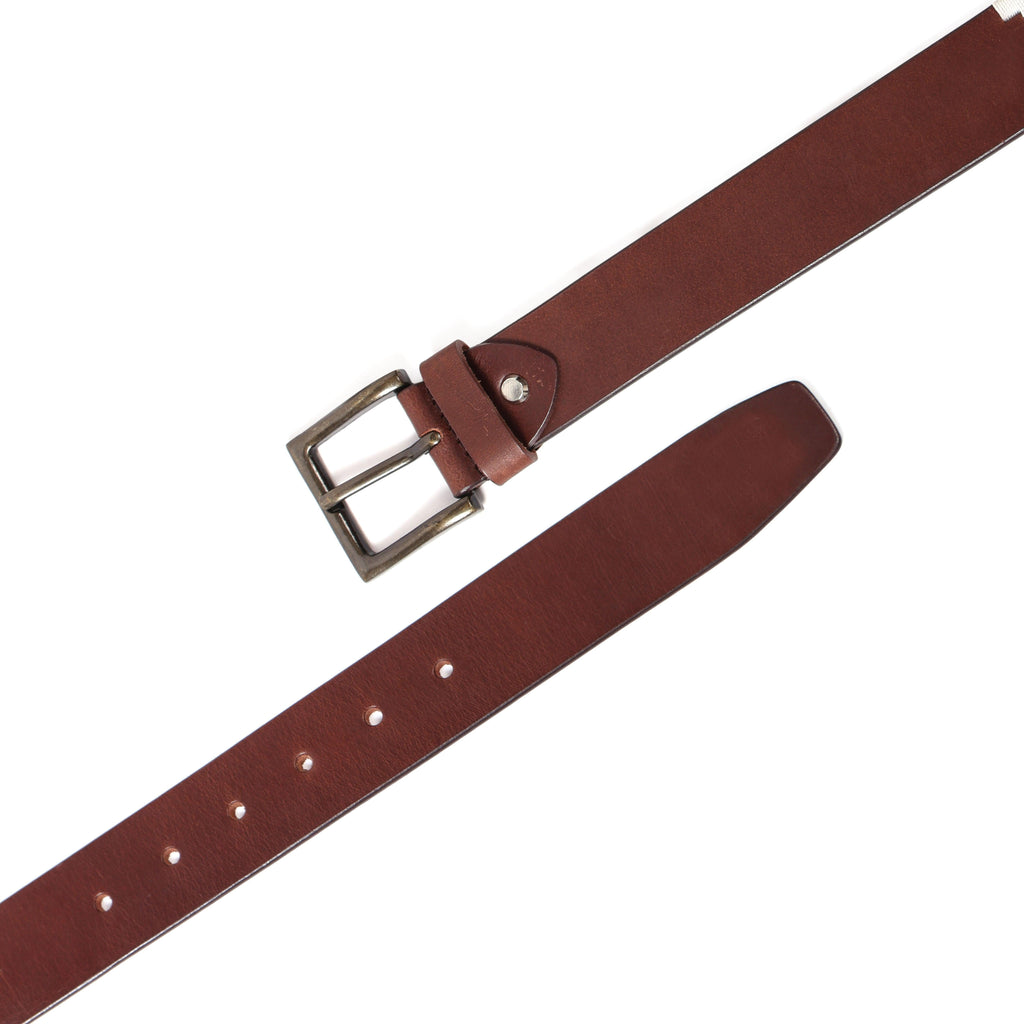 Brown Polo Leather Belt with Red and White Stitching & Antique Buckle