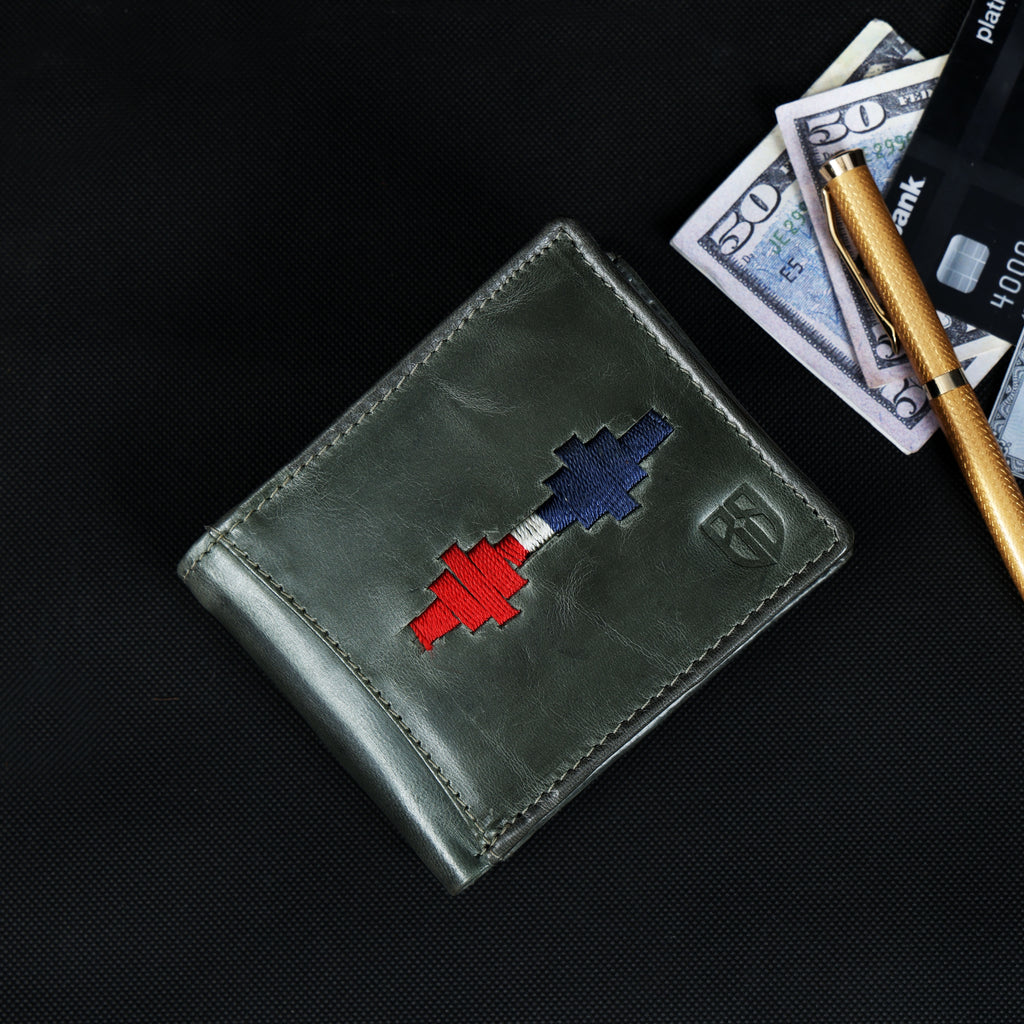 Handmade Leather Gaucho (Polo) Wallet – Vintage Olive Green Bifold with Red & Blue Argentine Embroidery
