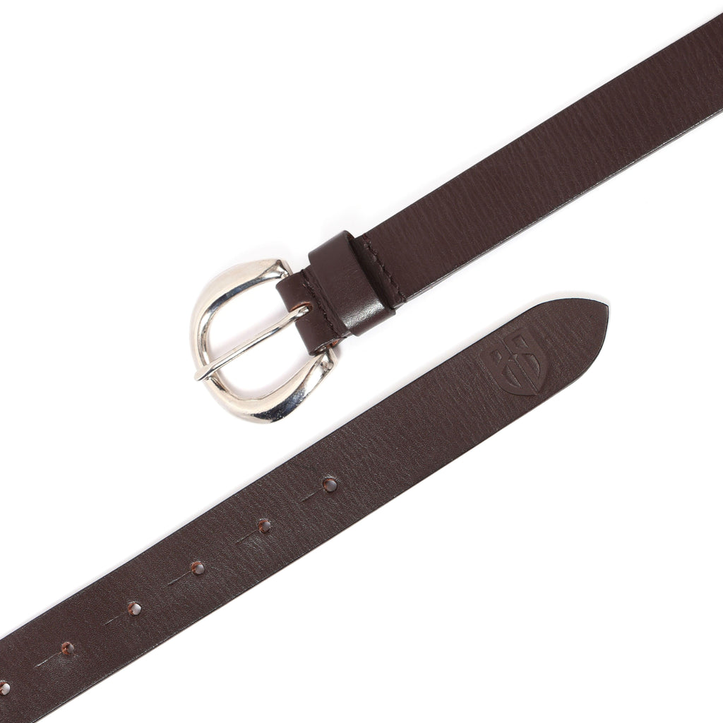 Brown Leather Belt for Women with Silver Round Buckle