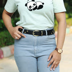 Women’s Black Leather Grommet Belt – Gold Eyelets & Chic Round Golden Buckle