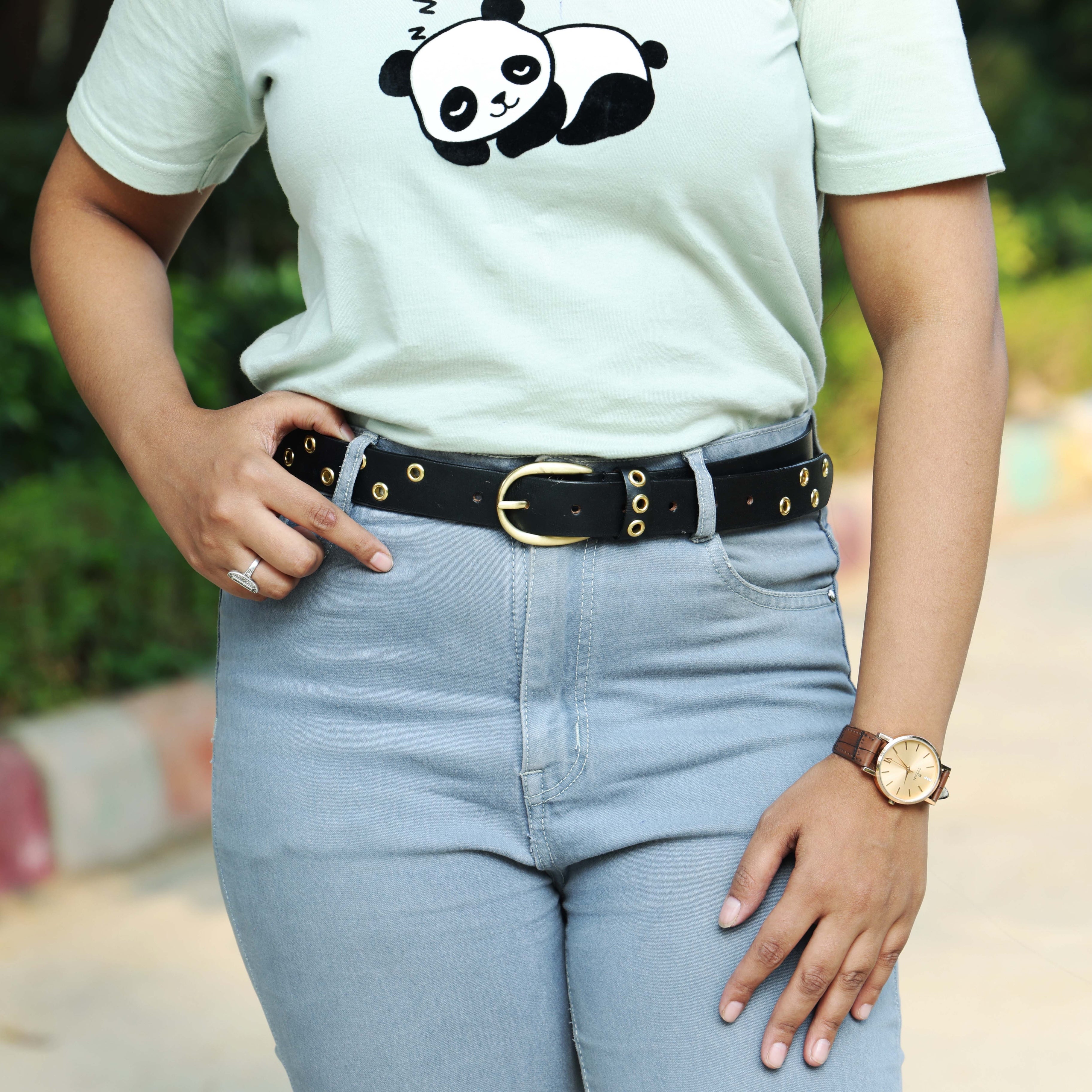 Women’s Black Leather Grommet Belt – Gold Eyelets & Chic Round Golden Buckle