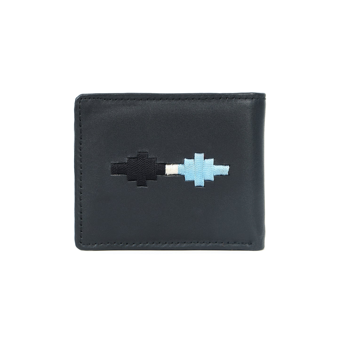 Handcrafted Gaucho Leather Wallet – Matt-Black Bifold with Sky-Blue & Black Patagonian Embroidery