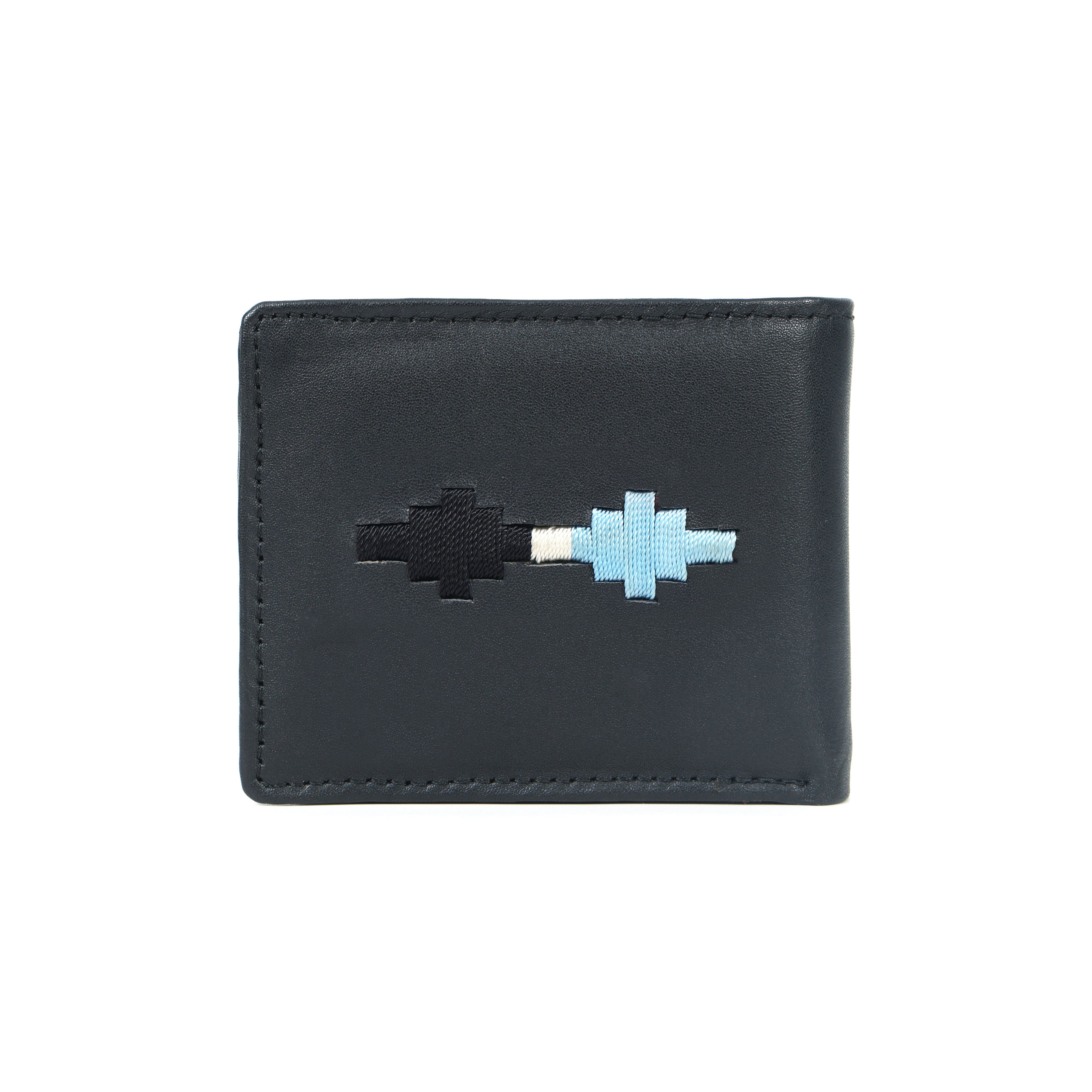 Handcrafted Gaucho Leather Wallet – Matt-Black Bifold with Sky-Blue & Black Patagonian Embroidery