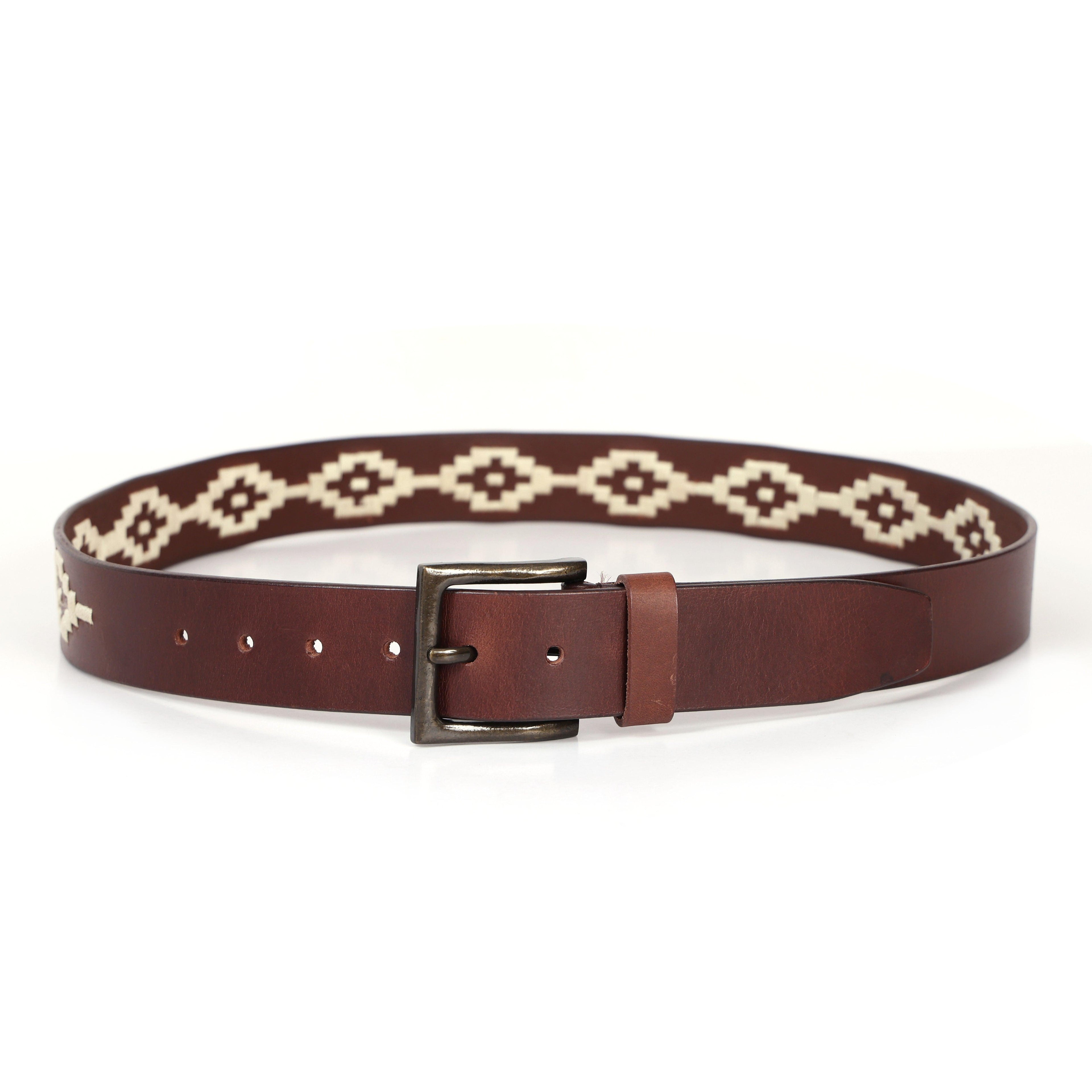 Brown Polo Leather Belt with Cream Stitching & Classic Antique Buckle
