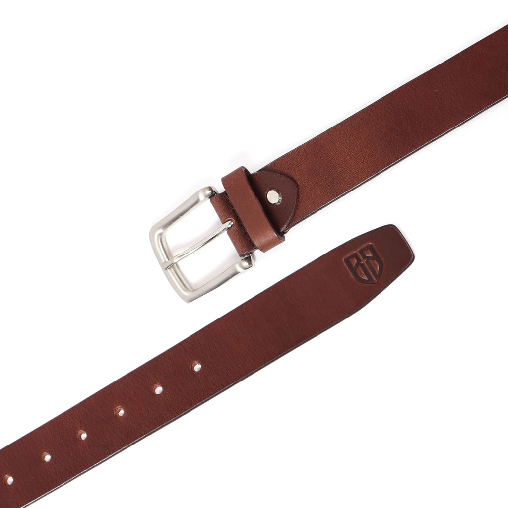 Brown Polo Leather Belt with Cream Stitching & Classic Silver Buckle