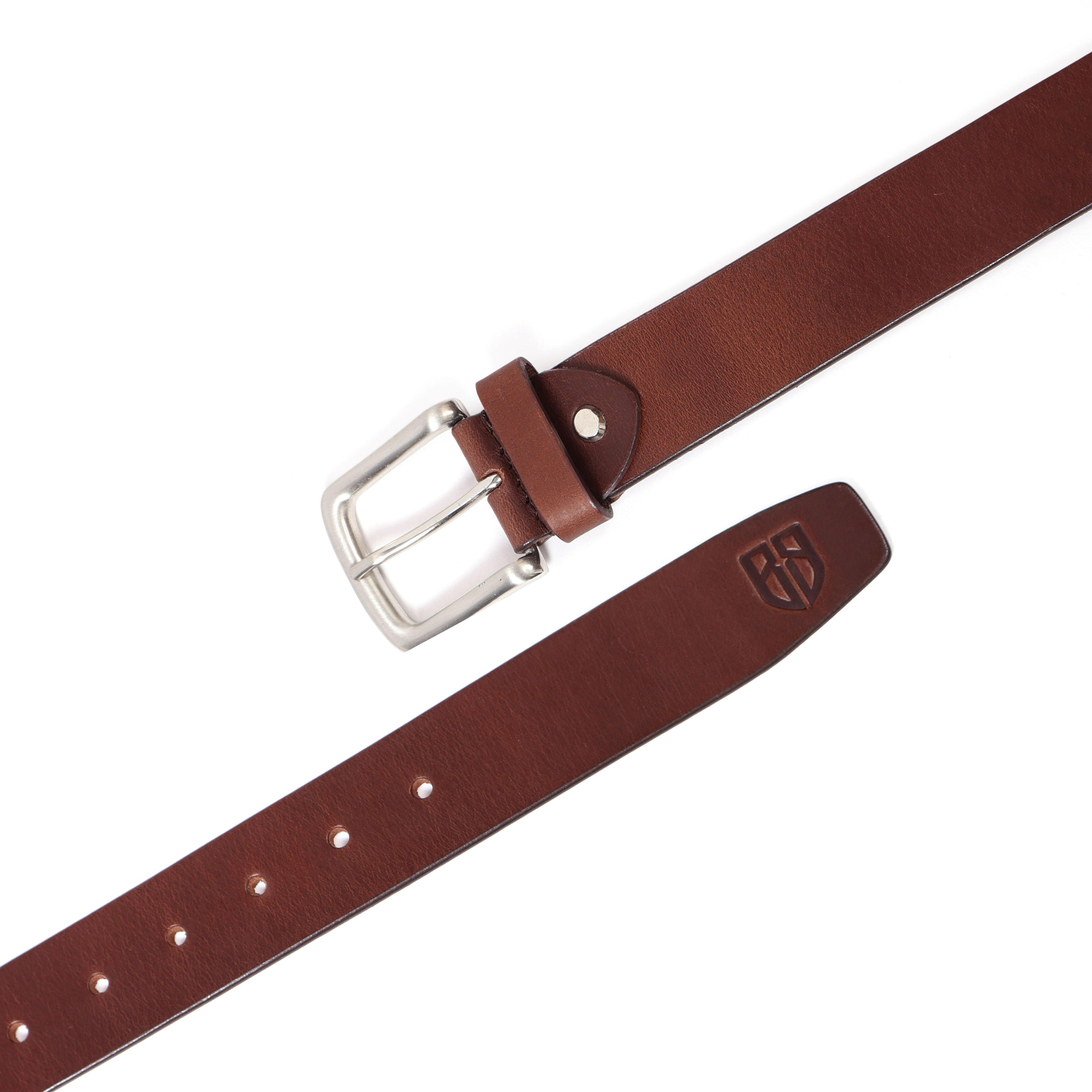 Brown Polo Leather Belt with Cream Stitching & Classic Silver Buckle