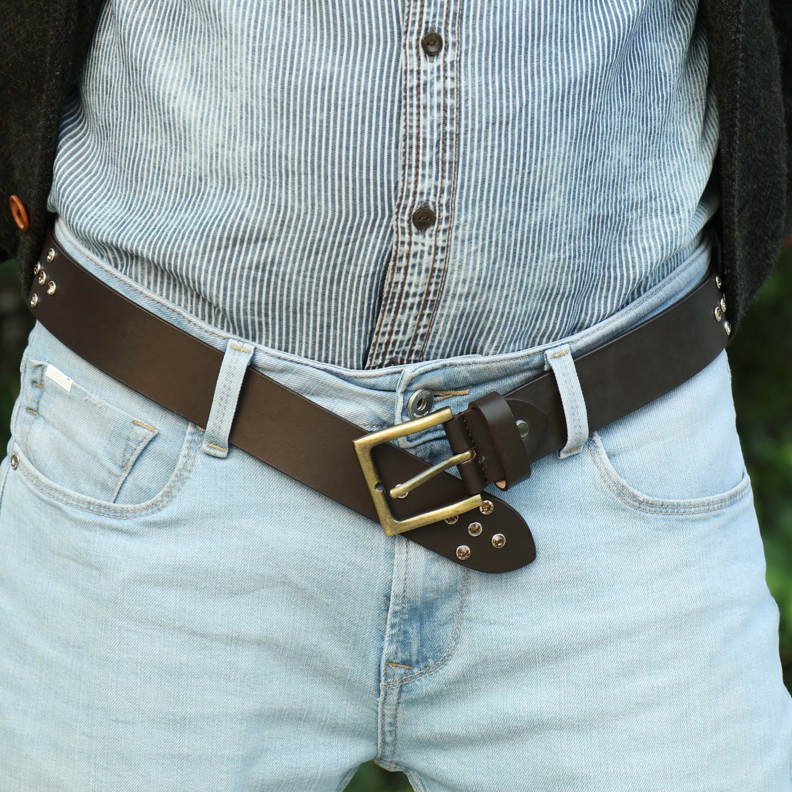 Men’s Brown Leather Belt with Antique Brass Buckle & Metal Studs – Premium Designer Rock Style Belt