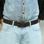 Men’s Brown Leather Double Grommet Belt – Heavy-Duty Punk Rock Belt with Black Eyelets & Antique Black Buckle