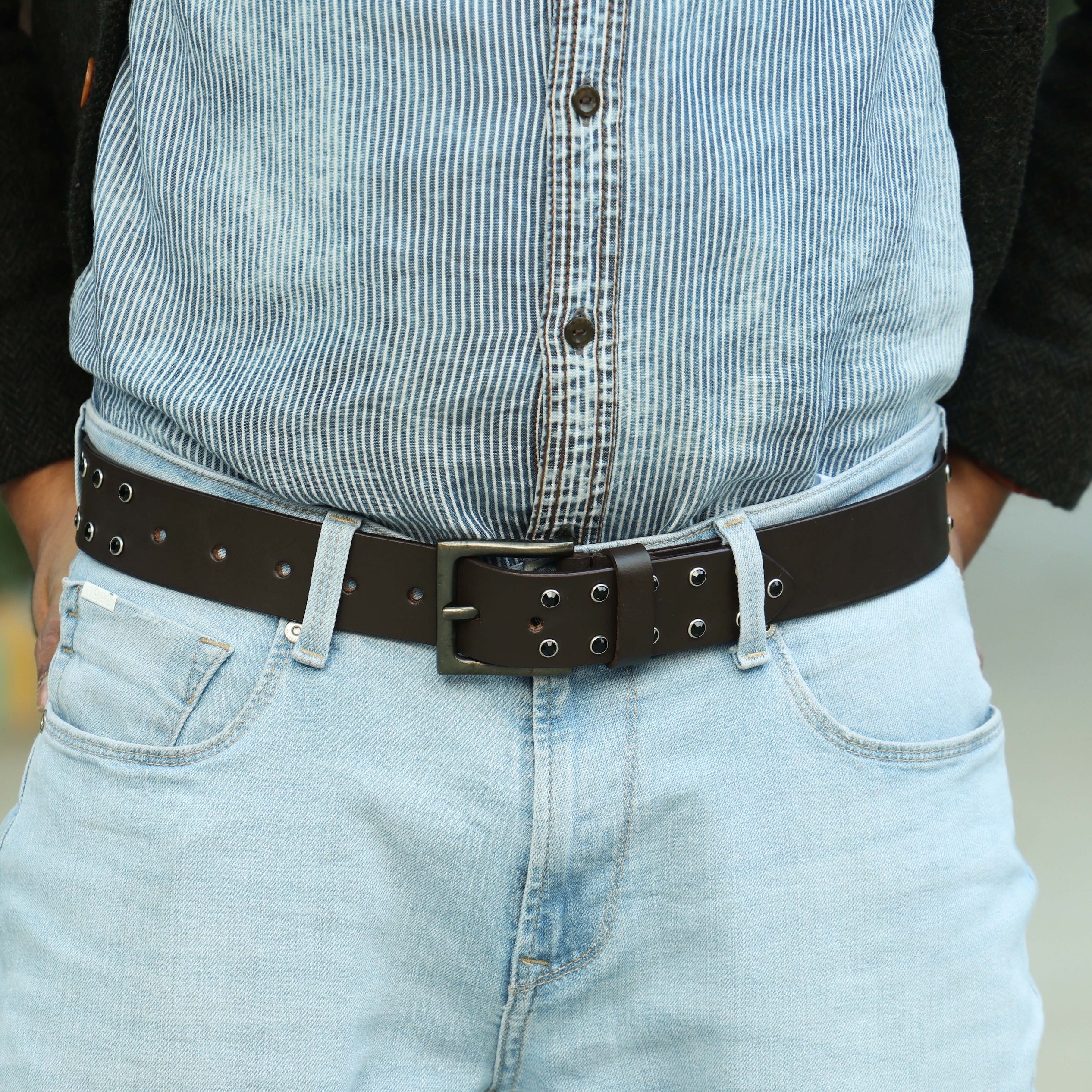 Men’s Brown Leather Double Grommet Belt – Heavy-Duty Punk Rock Belt with Black Eyelets & Antique Black Buckle