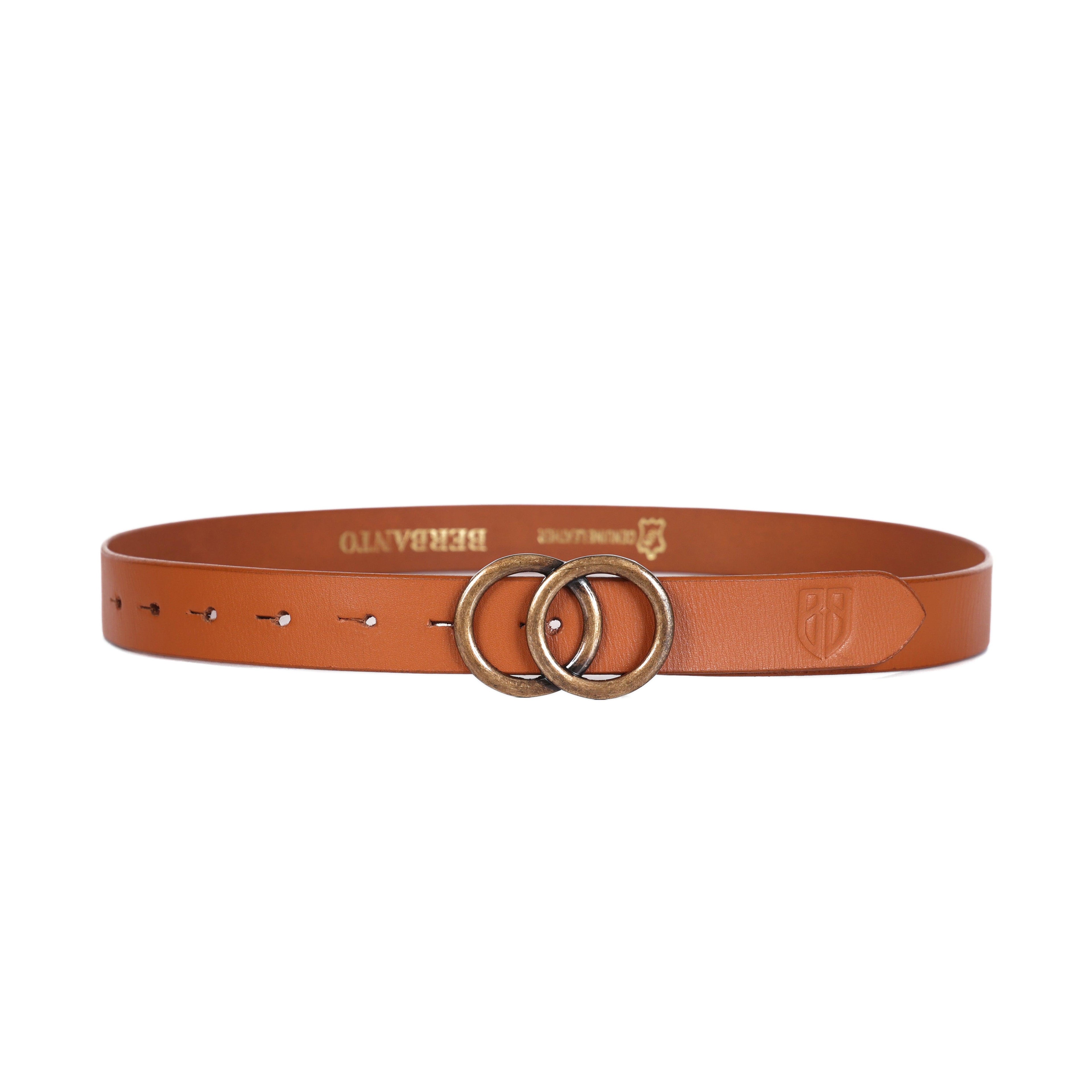 Tan Leather Belt for Women with Double Ring Antique Golden Buckle