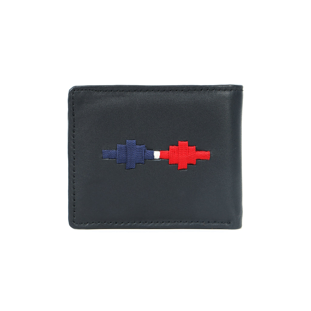 Handmade Leather Gaucho (Polo) Wallet – Matt-Black Bifold with Red & Blue Argentine Embroidery