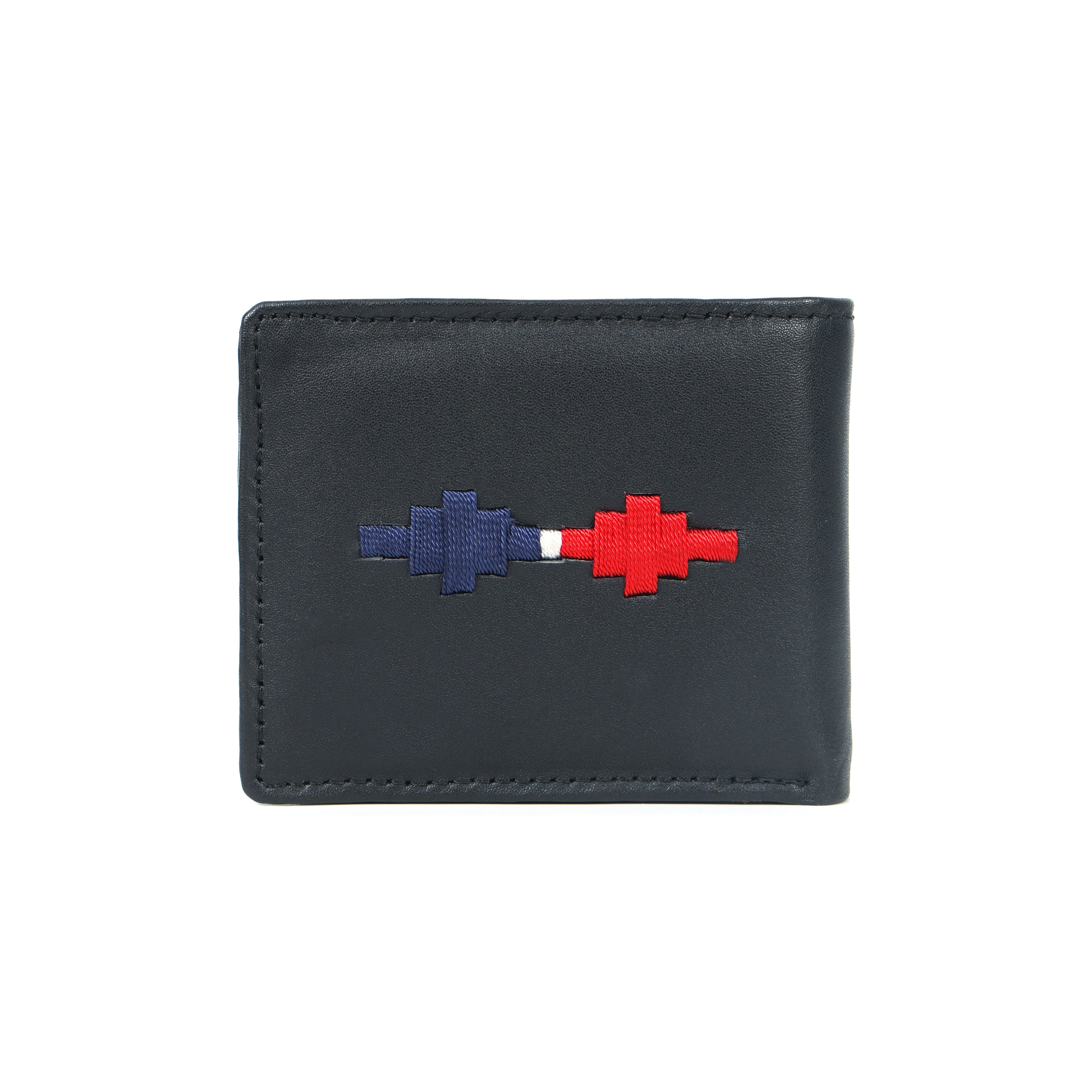 Handmade Leather Gaucho (Polo) Wallet – Matt-Black Bifold with Red & Blue Argentine Embroidery