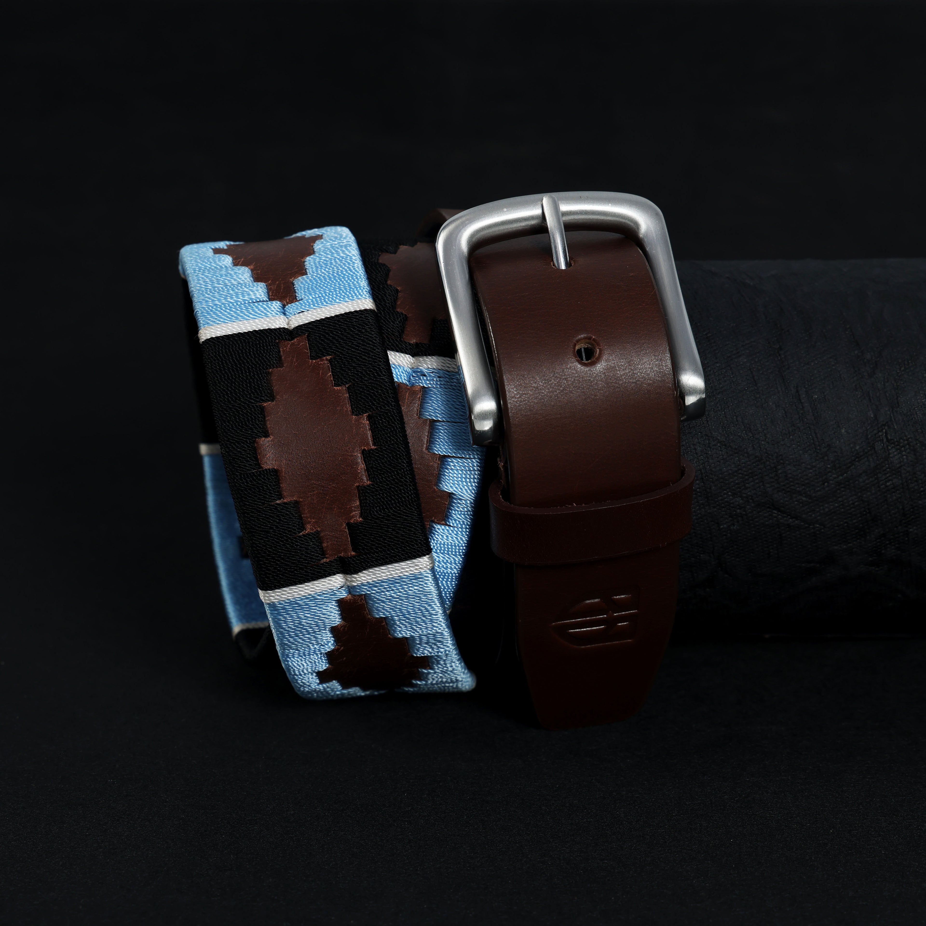 Brown Polo Leather Belt with Blue and Black Stitching & Silver Buckle