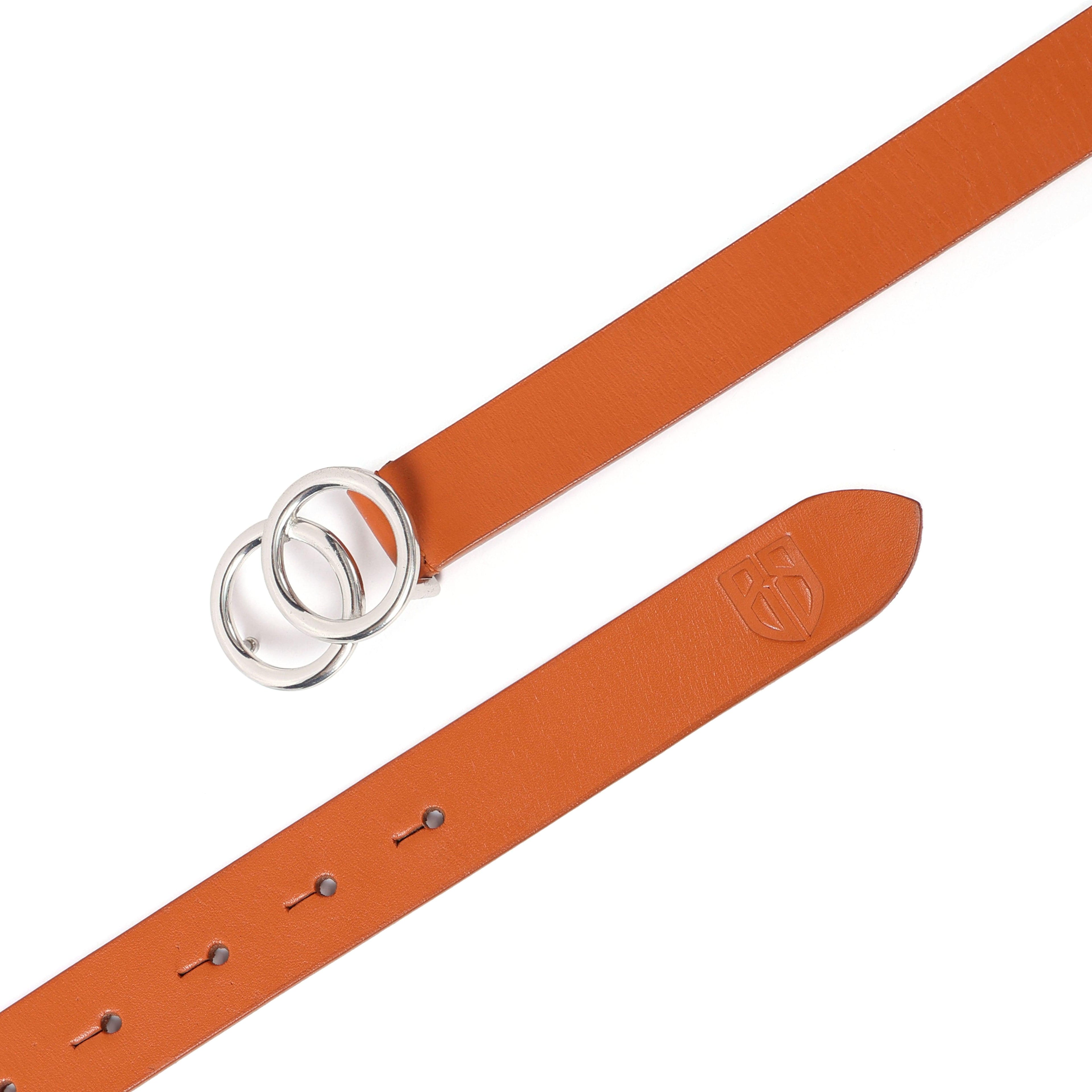 Tan Leather Belt for Women with Double Ring Silver Buckle