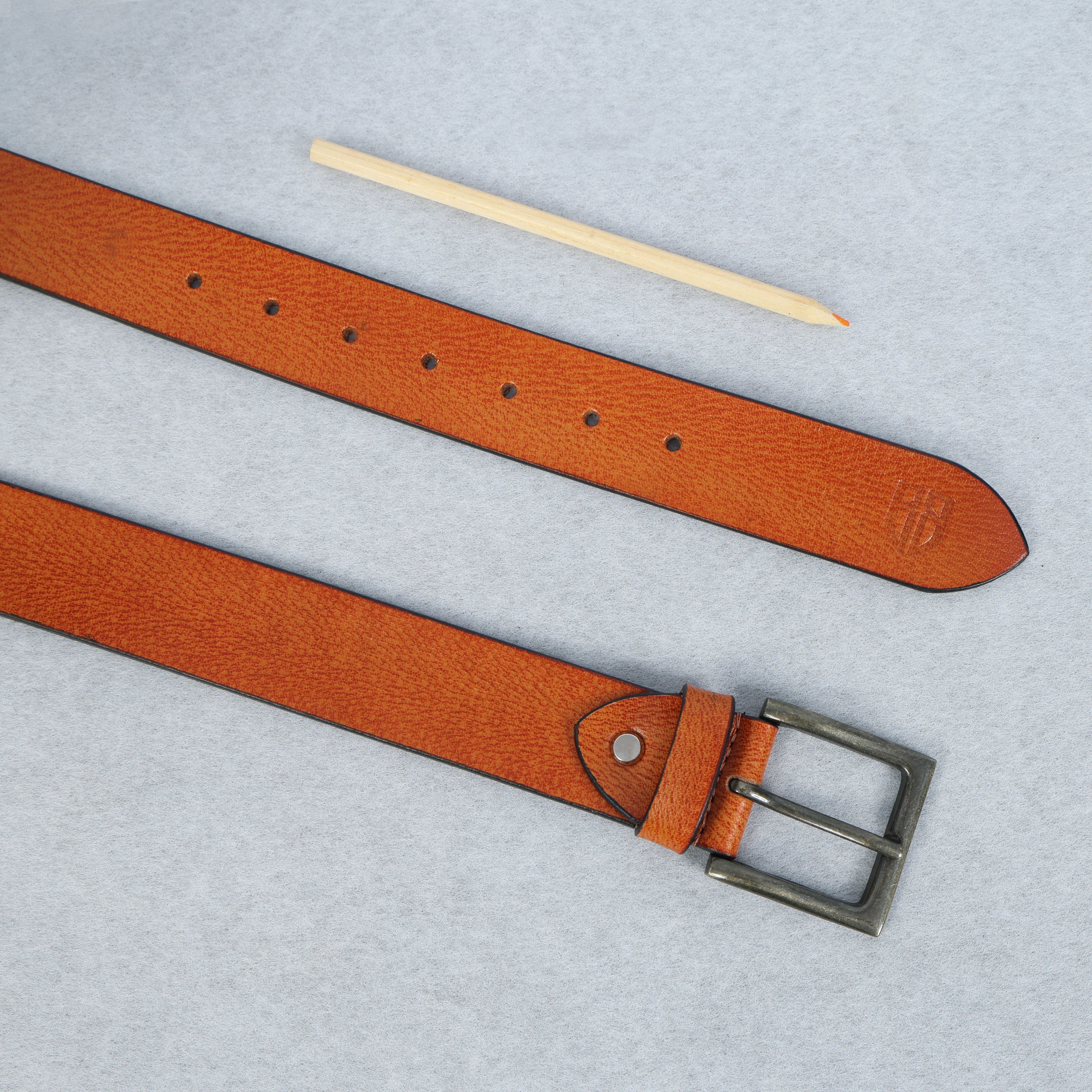 Tan Hand-Painted Leather Belt - Tree Pattern with Antique Buckle