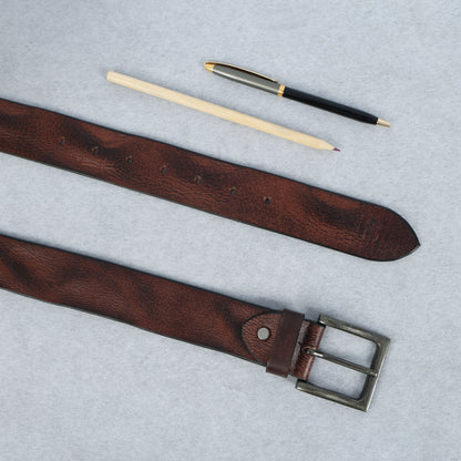 Brown Hand-Painted Leather Belt - Distressed with Antique Buckle