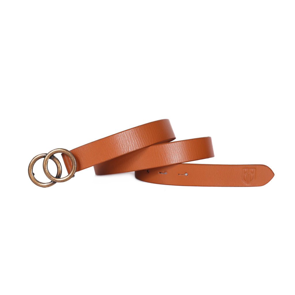 Tan Leather Belt for Women with Double Ring Antique Golden Buckle