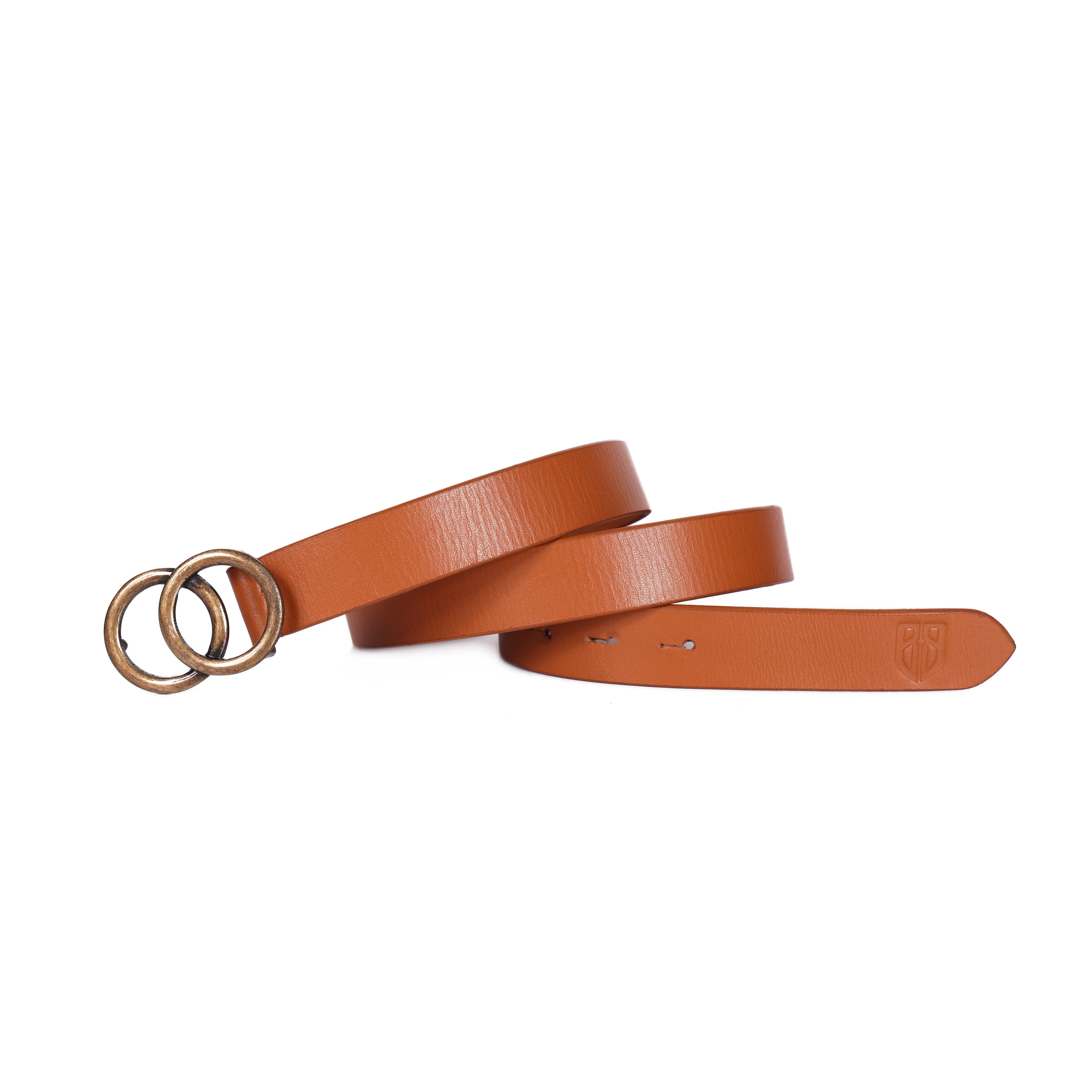 Tan Leather Belt for Women with Double Ring Antique Golden Buckle