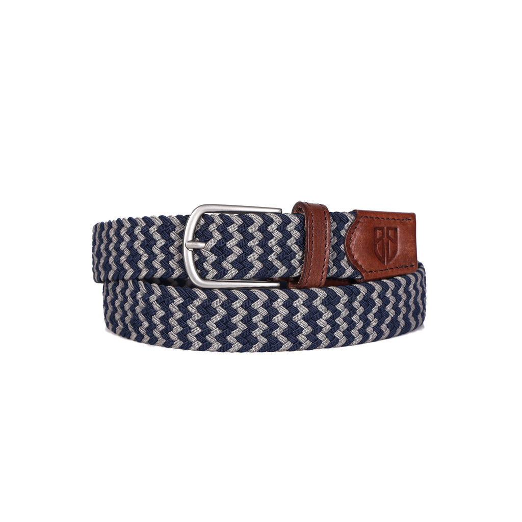 Golf Stretch Belt – Navy & White Chevron with Brown Leather Trim