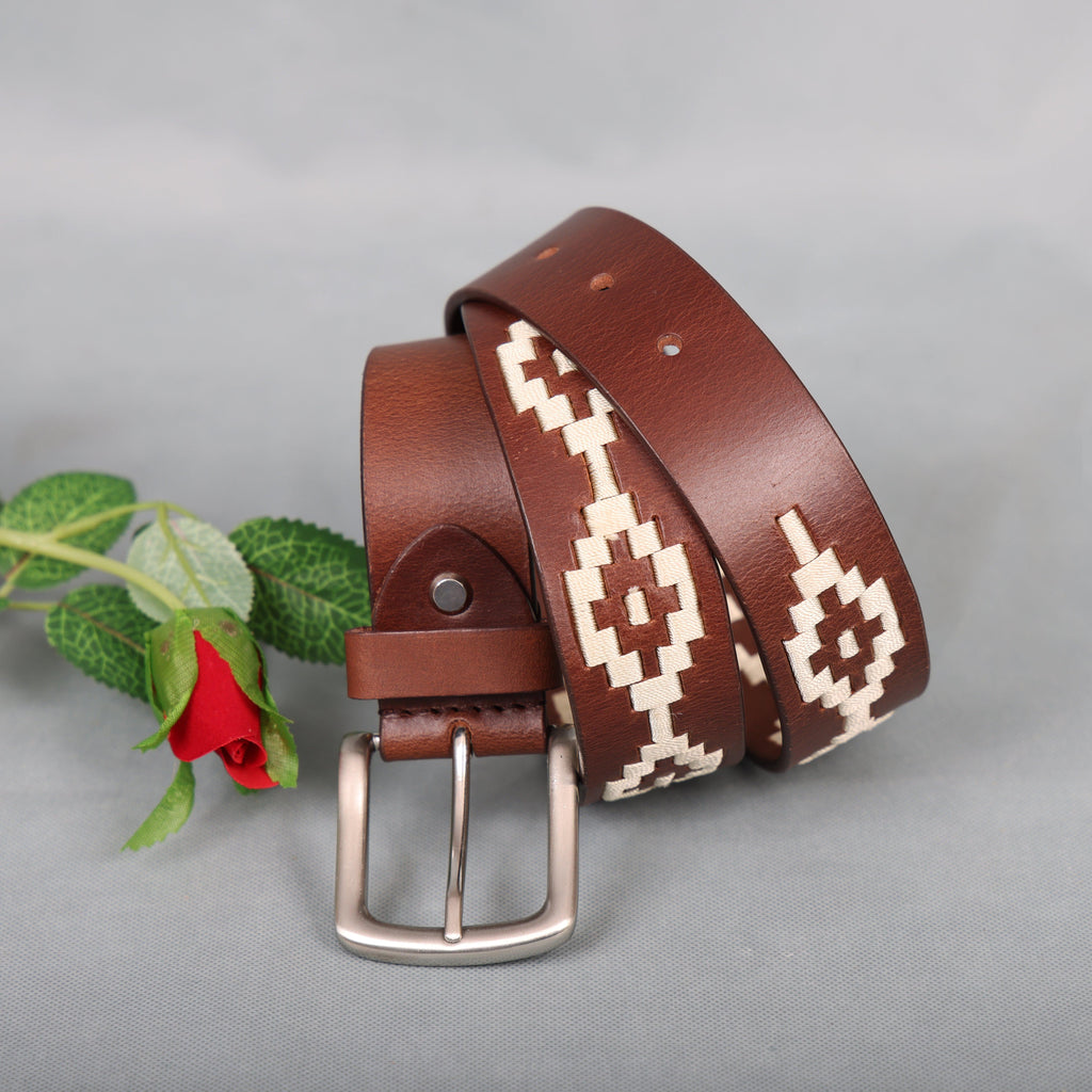 Brown Polo Leather Belt with Cream Stitching & Classic Silver Buckle