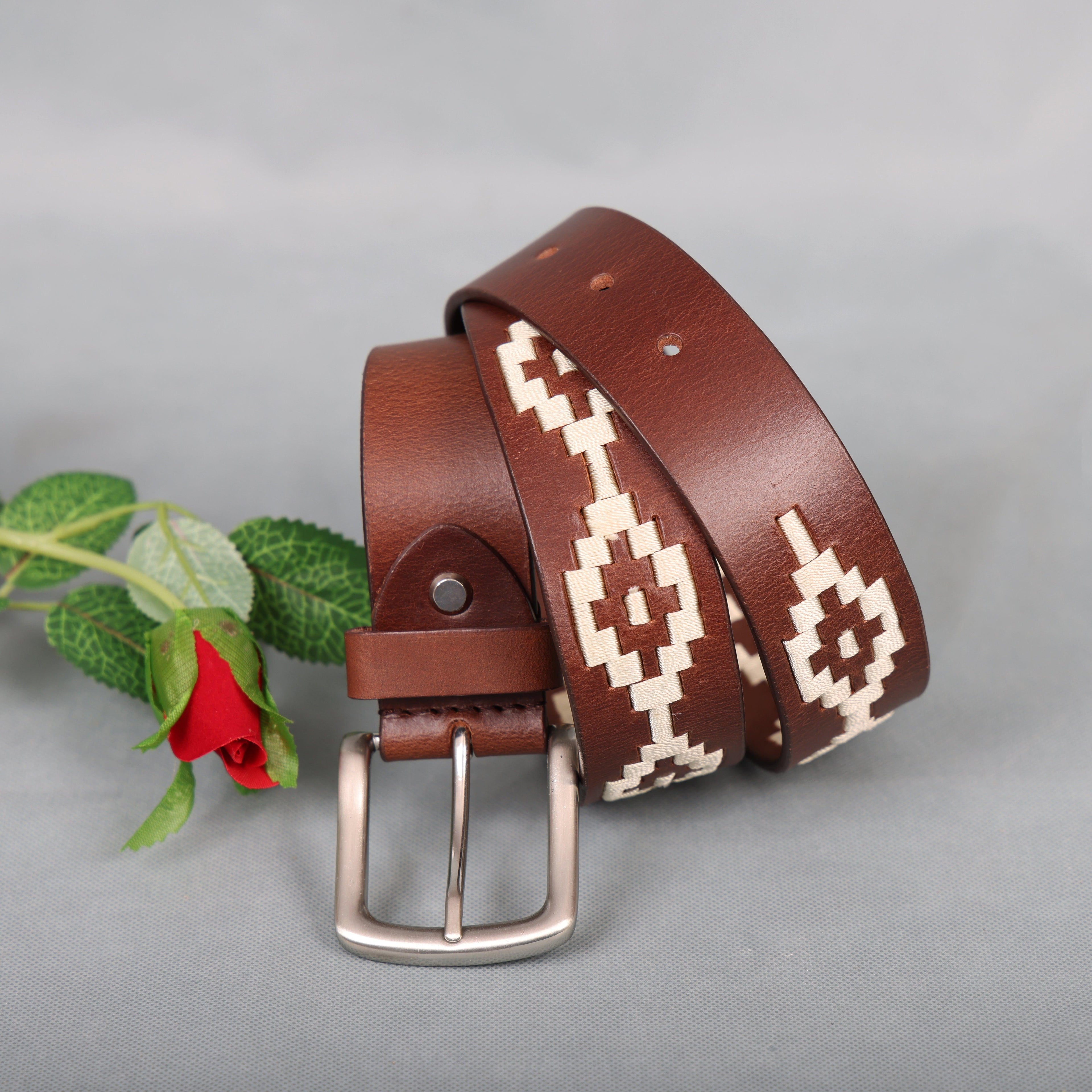Brown Polo Leather Belt with Cream Stitching & Classic Silver Buckle
