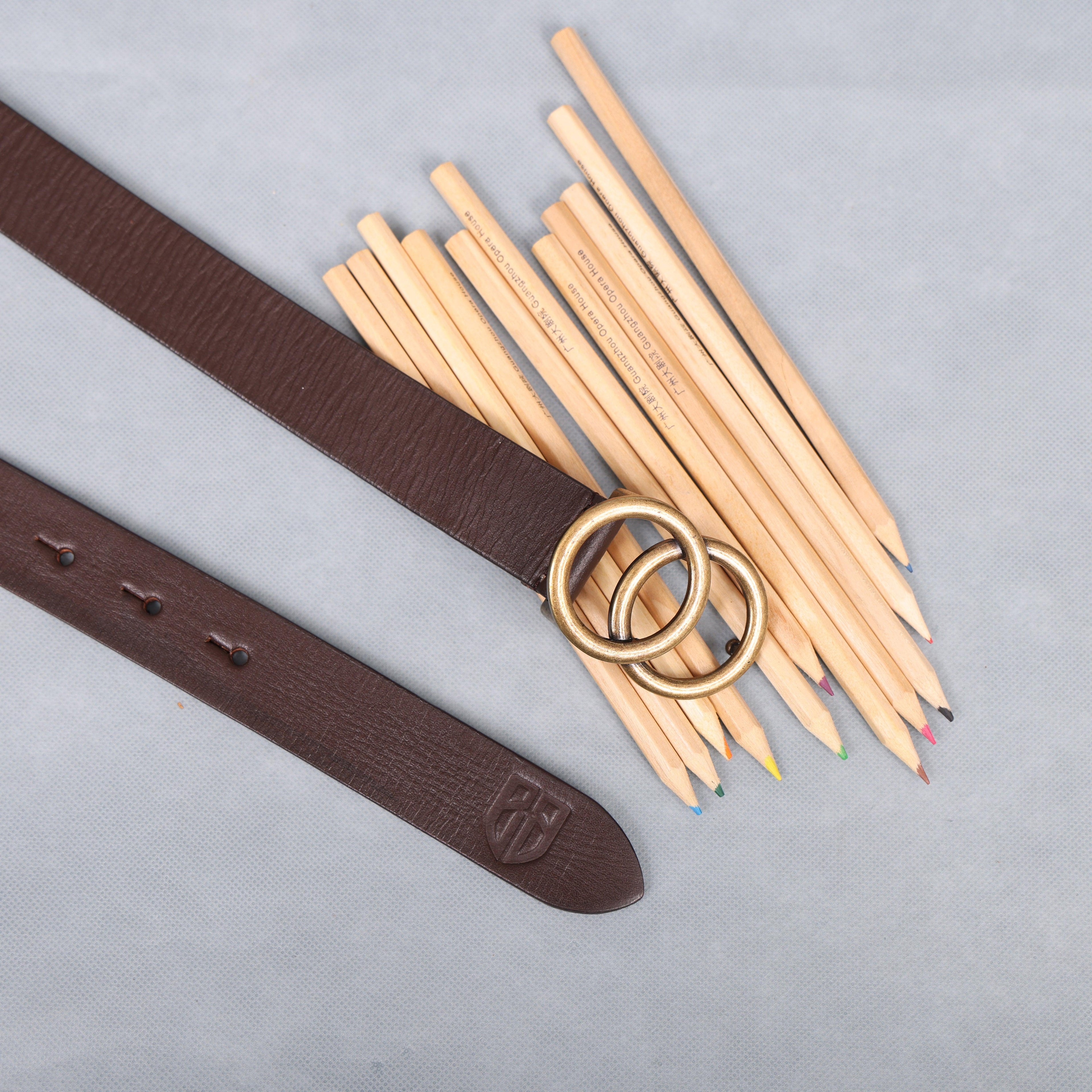 Brown Leather Belt for Women with Round Antique Buckle