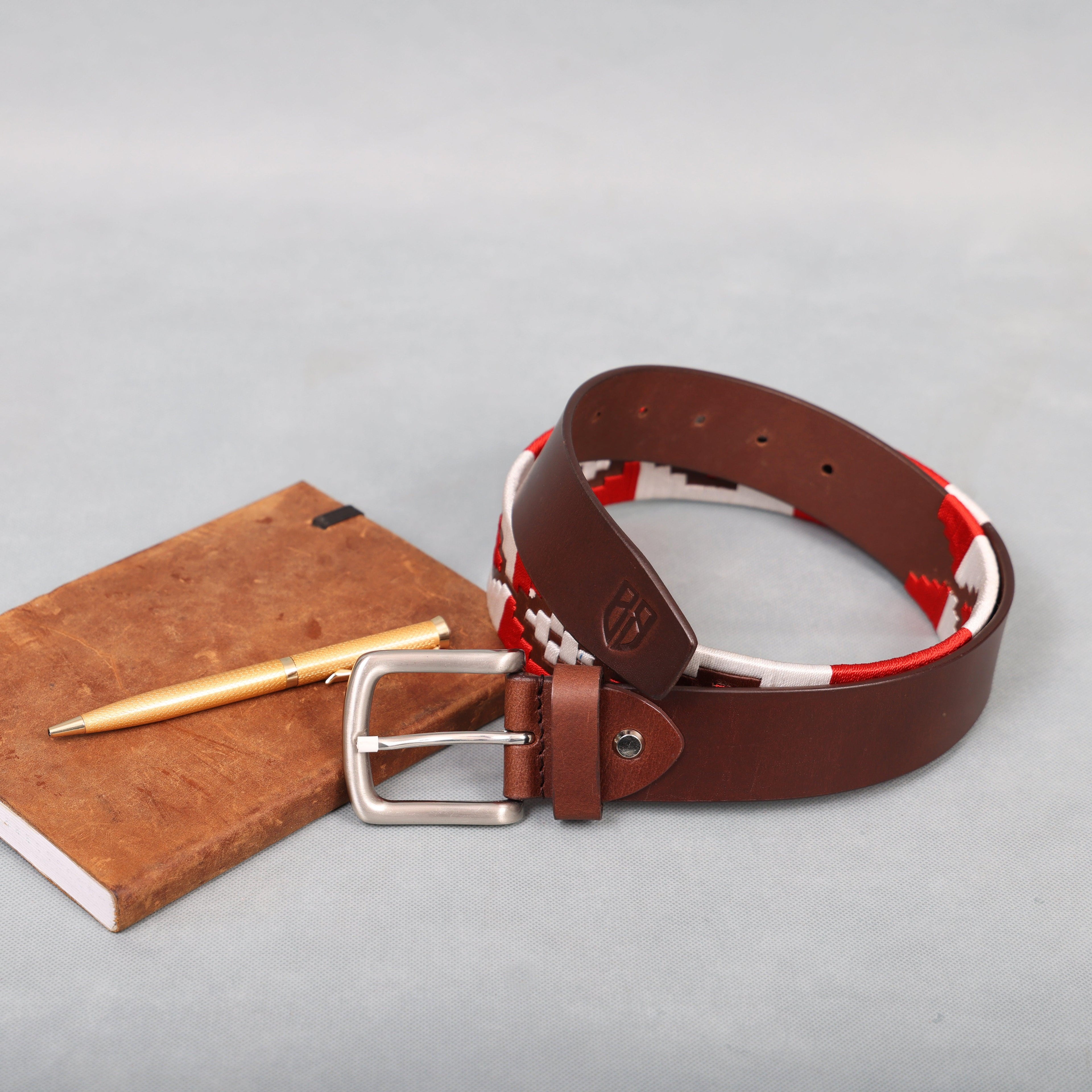 Brown Polo Leather Belt with Red and White Stitching & Silver Buckle