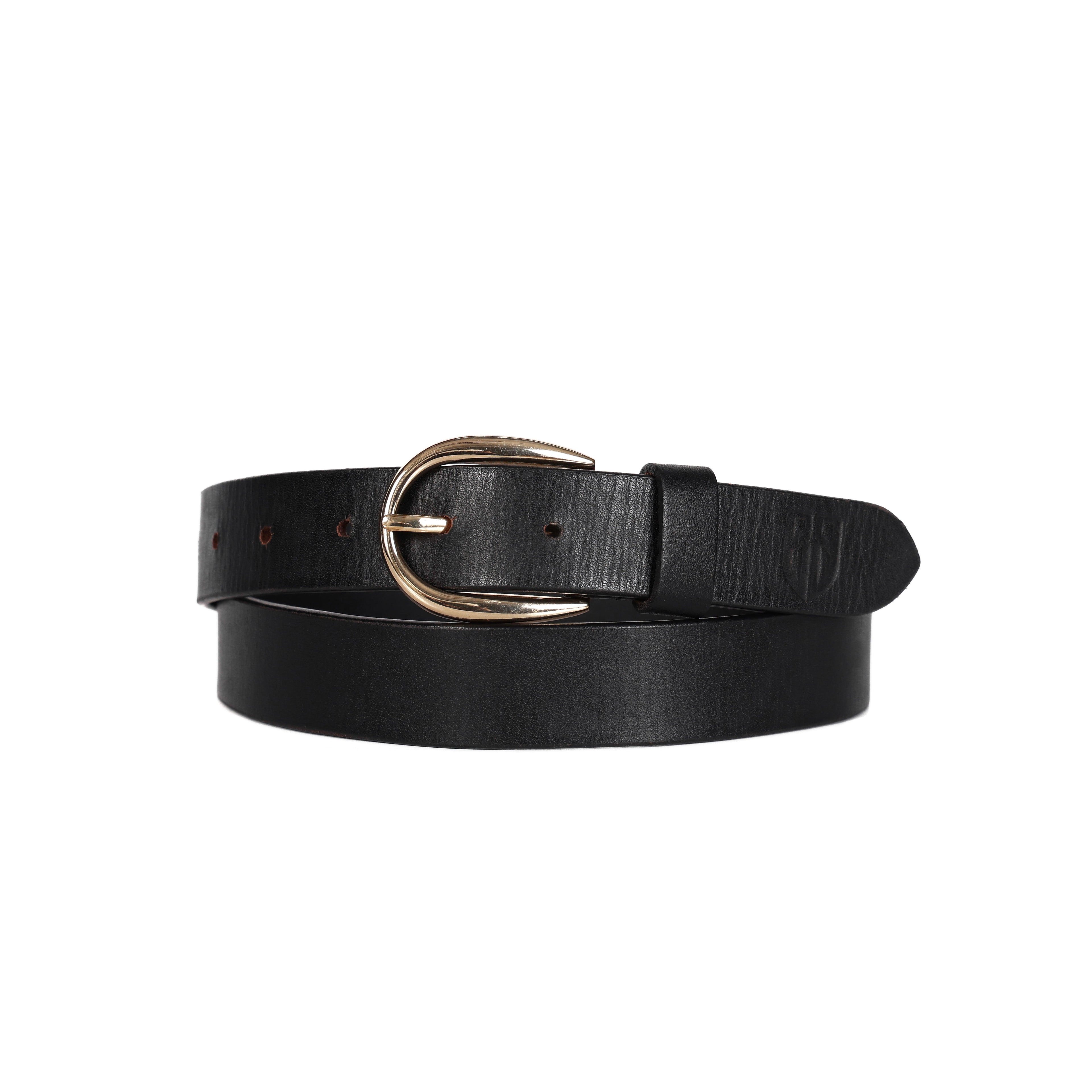 Black Leather Belt for Women with Golden Buckle