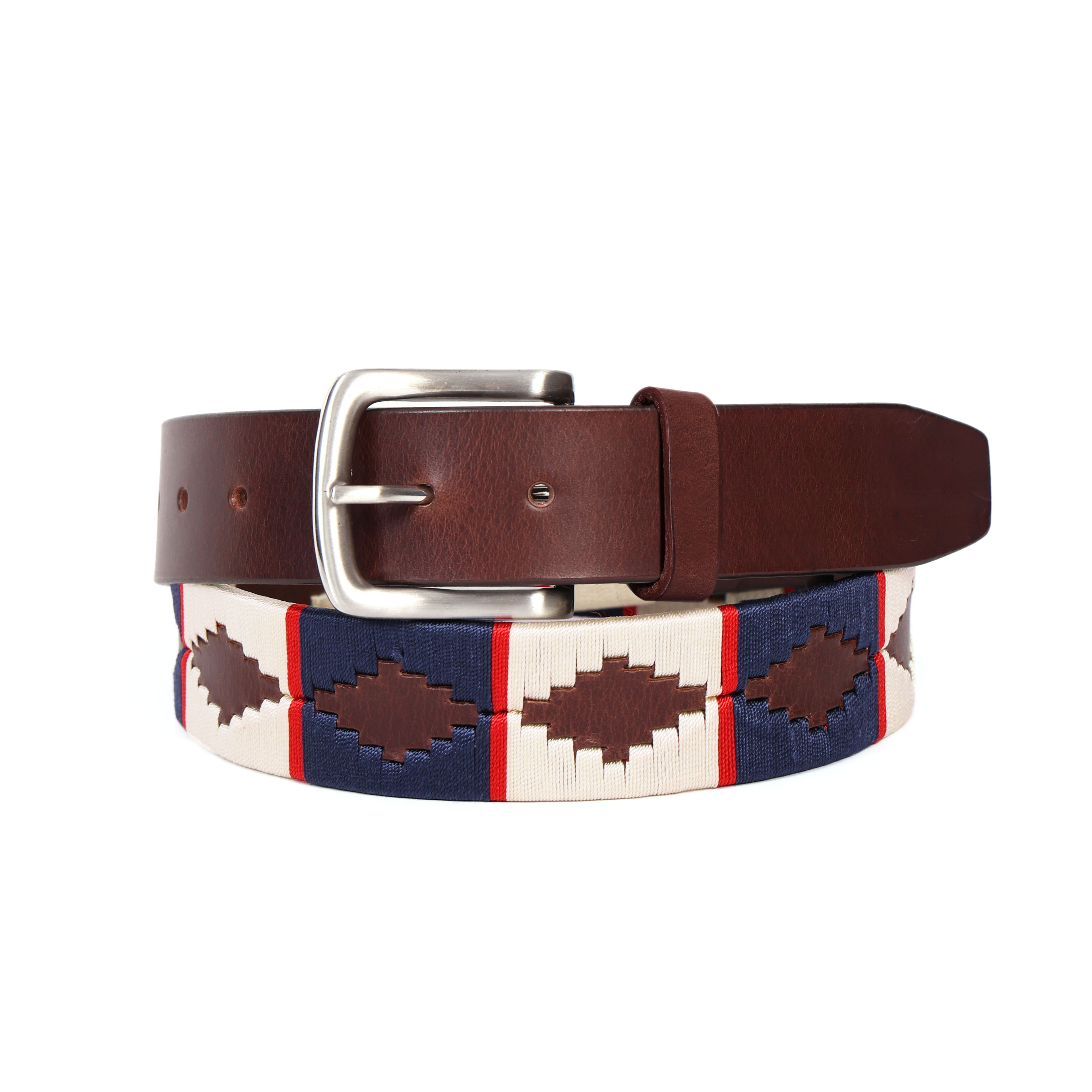Brown Polo Leather Belt with Blue, Red, and Cream Stitching & Silver Buckle