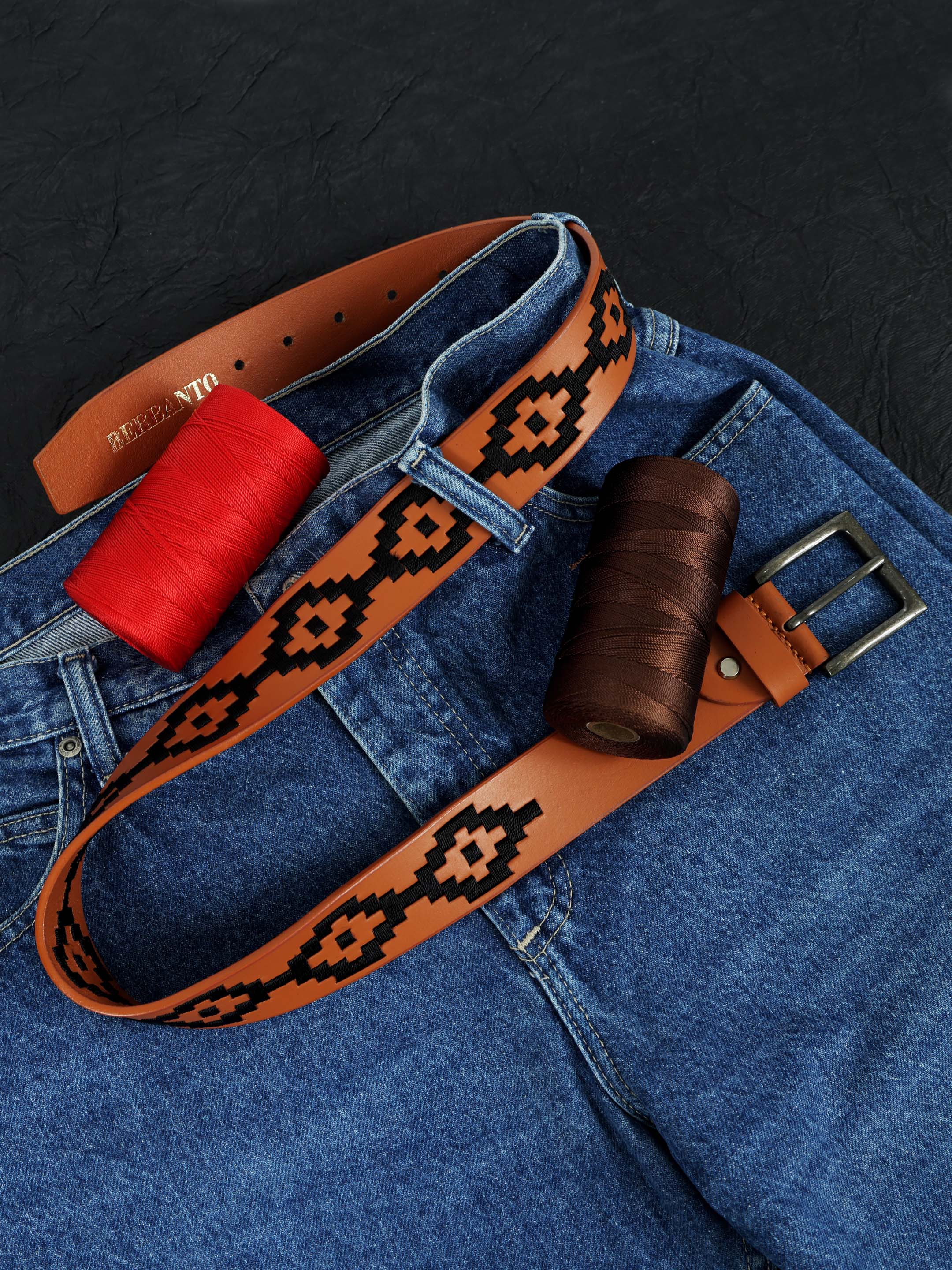 Berbanto Black Polo Belt – Hand-Embroidered on Premium Full-Grain Tan Leather