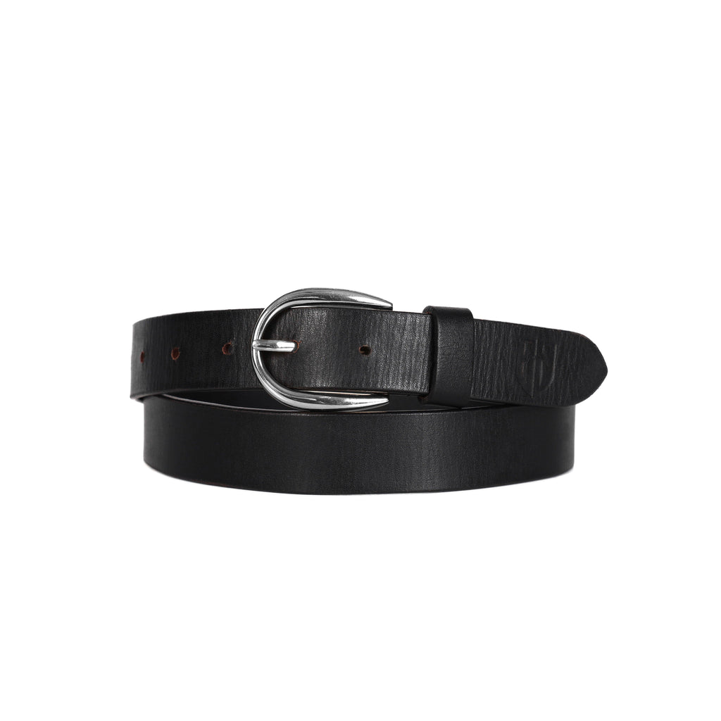Black Leather Belt for Women with Silver Buckle