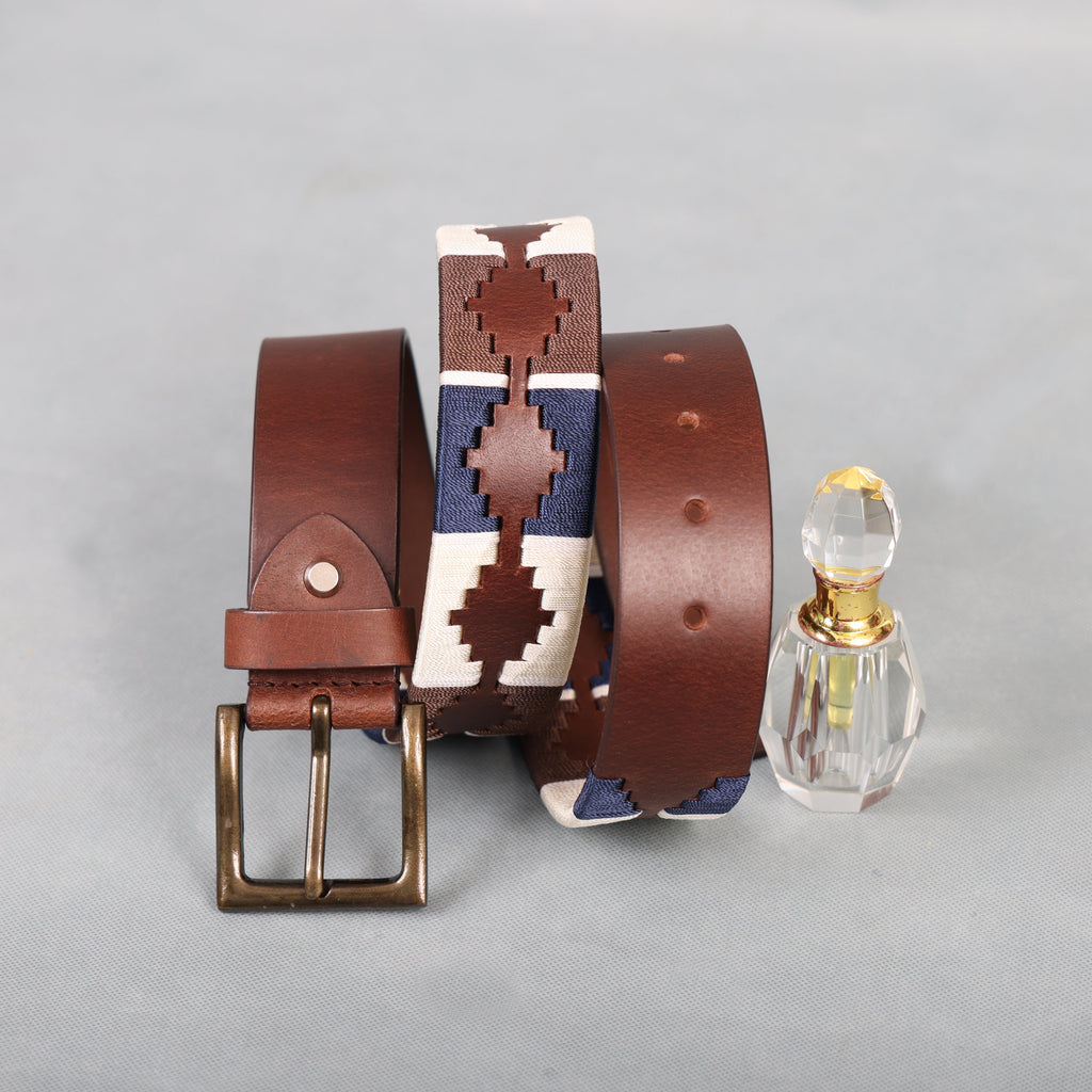 Brown Polo Leather Belt with Blue, Cream, and Brown Stitching & Antique Buckle